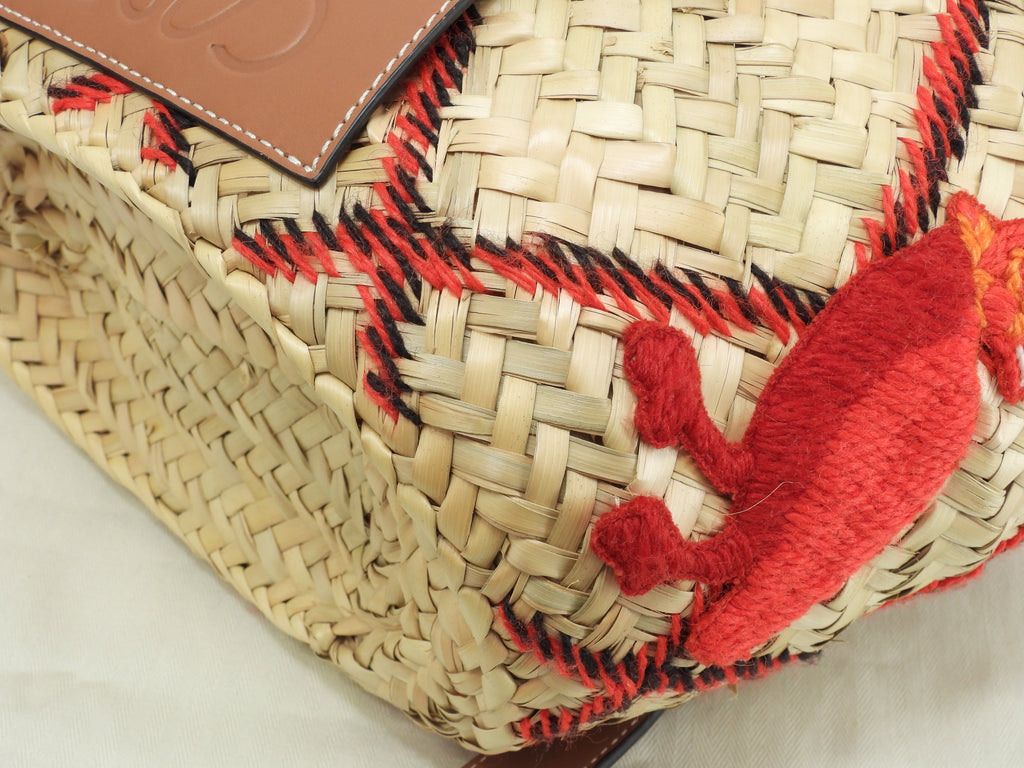 Loewe borsa Basket piccola Animal naturale/Tan rossa a mano borsa di paglia mai usata@412018