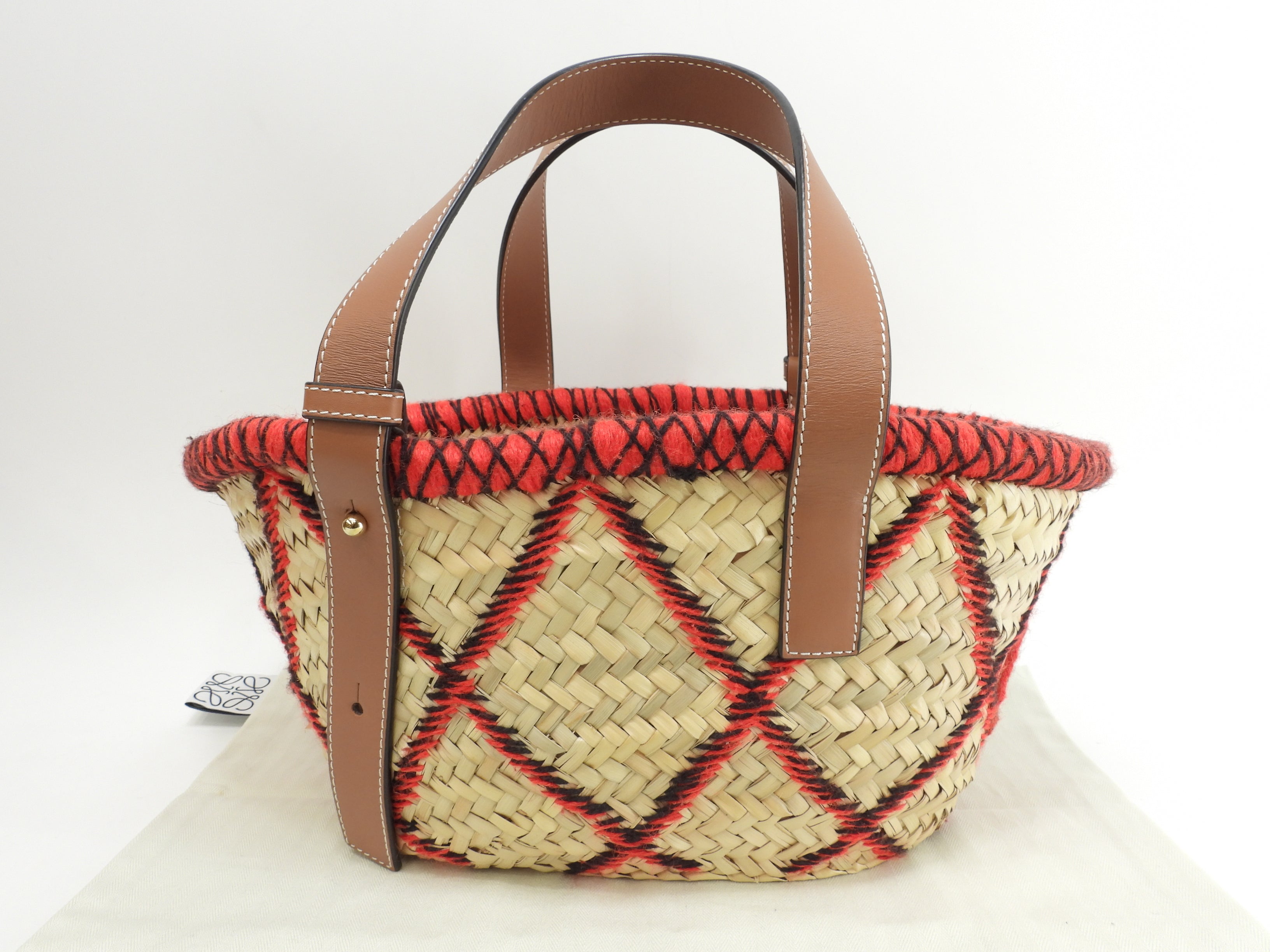 Loewe borsa Basket piccola Animal naturale/Tan rossa a mano borsa di paglia mai usata@412018
