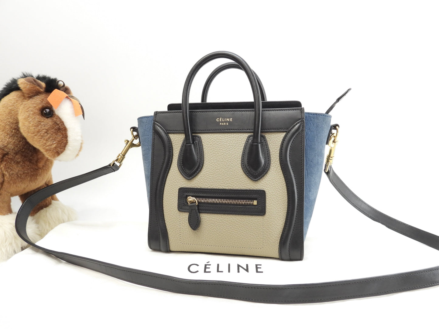 Celine Luggage Nano in pelle grigio nero blu borsa pochette mini a tracolla@S-CU-4195