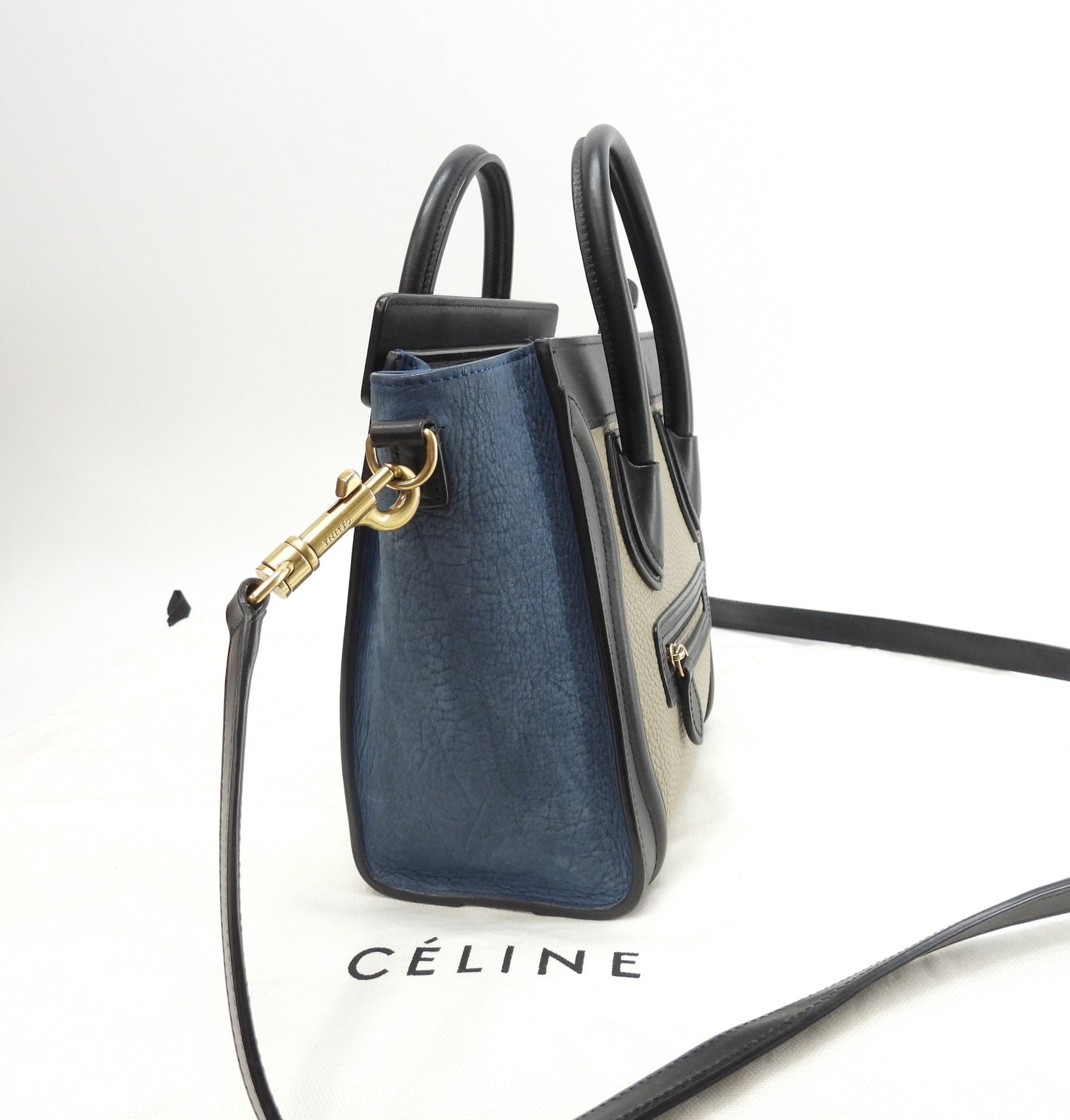 Celine Luggage Nano in pelle grigio nero blu borsa pochette mini a tracolla@S-CU-4195