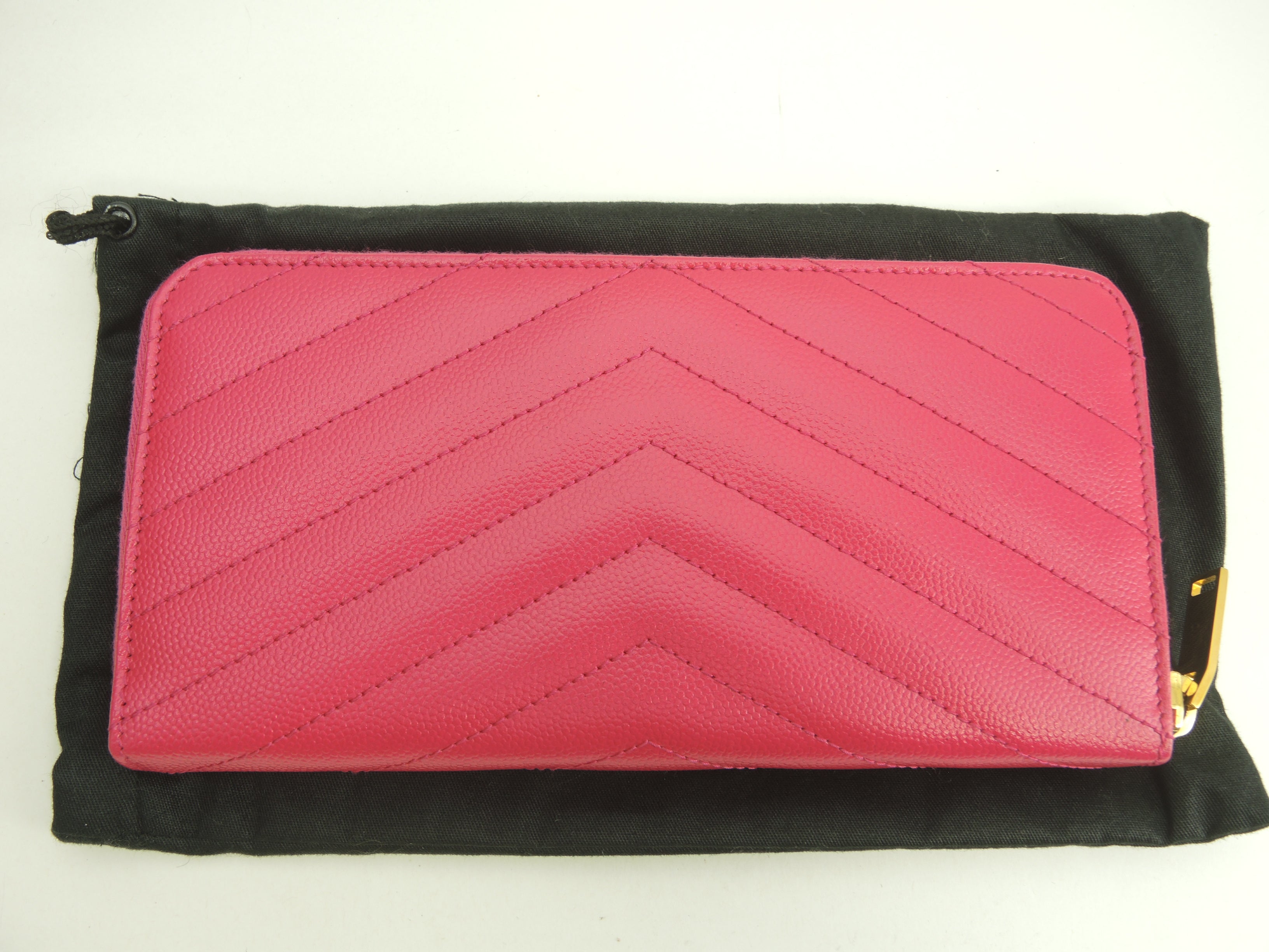 サンローラン ロングウォレット YSL レザー/ピンク ラウンドジップ長財布 ゴールド金具 新品同様@ 91
