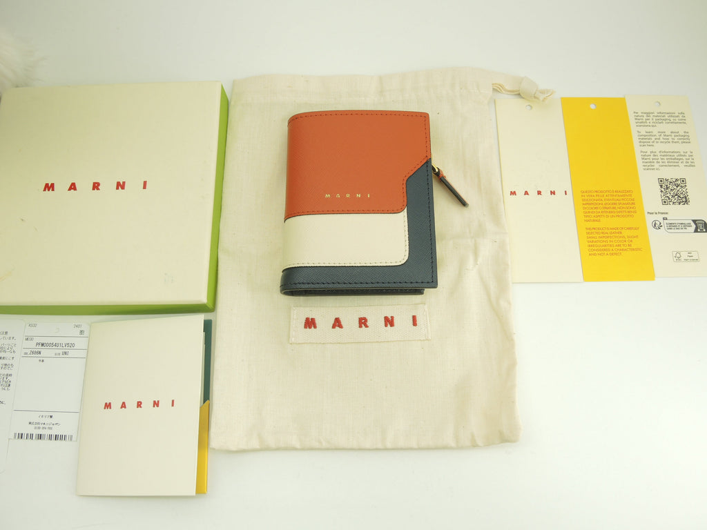 MARNI Portafoglio compatto in pelle marrone, bianco e blu navy, bi-fold, nuovo@ 357