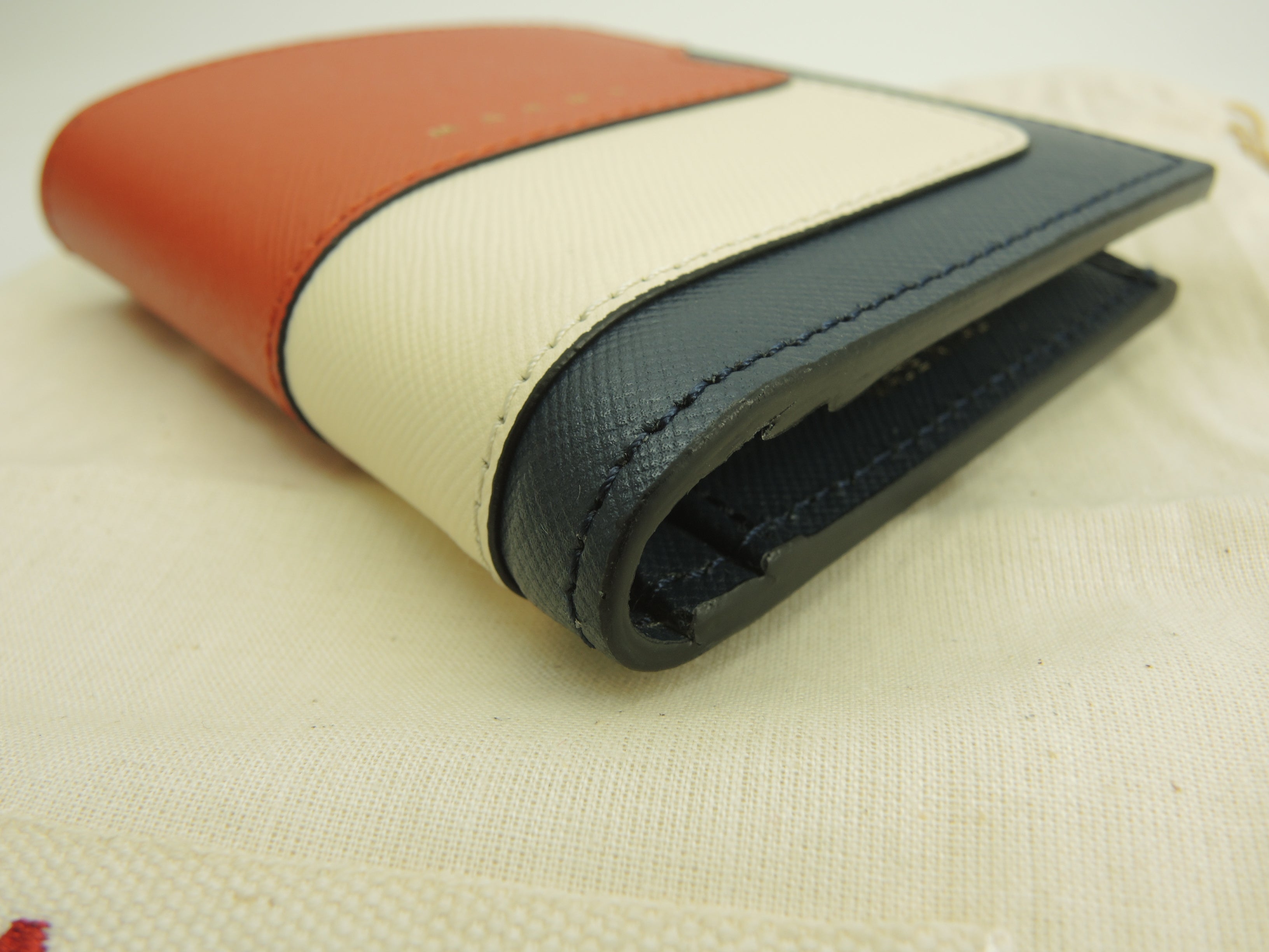 MARNI Portafoglio compatto in pelle marrone, bianco e blu navy, bi-fold, nuovo@ 357