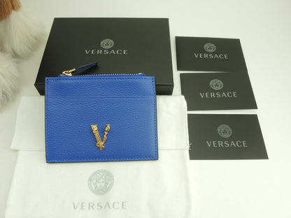 Versace Portamonete con scomparti per carte V Logo in pelle blu, porta carte di credito, nuovo @ 3
