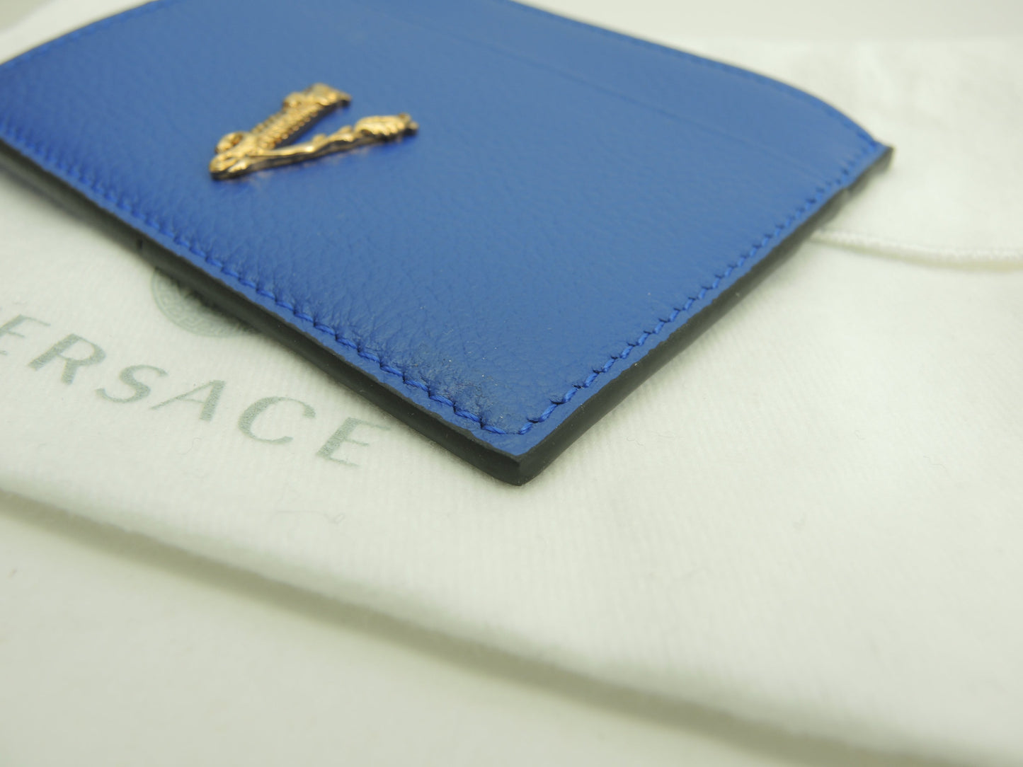 Versace Portamonete con scomparti per carte V Logo in pelle blu, porta carte di credito, nuovo @ 3