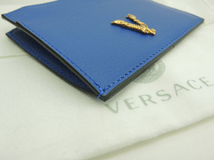 Versace Portamonete con scomparti per carte V Logo in pelle blu, porta carte di credito, nuovo @ 3