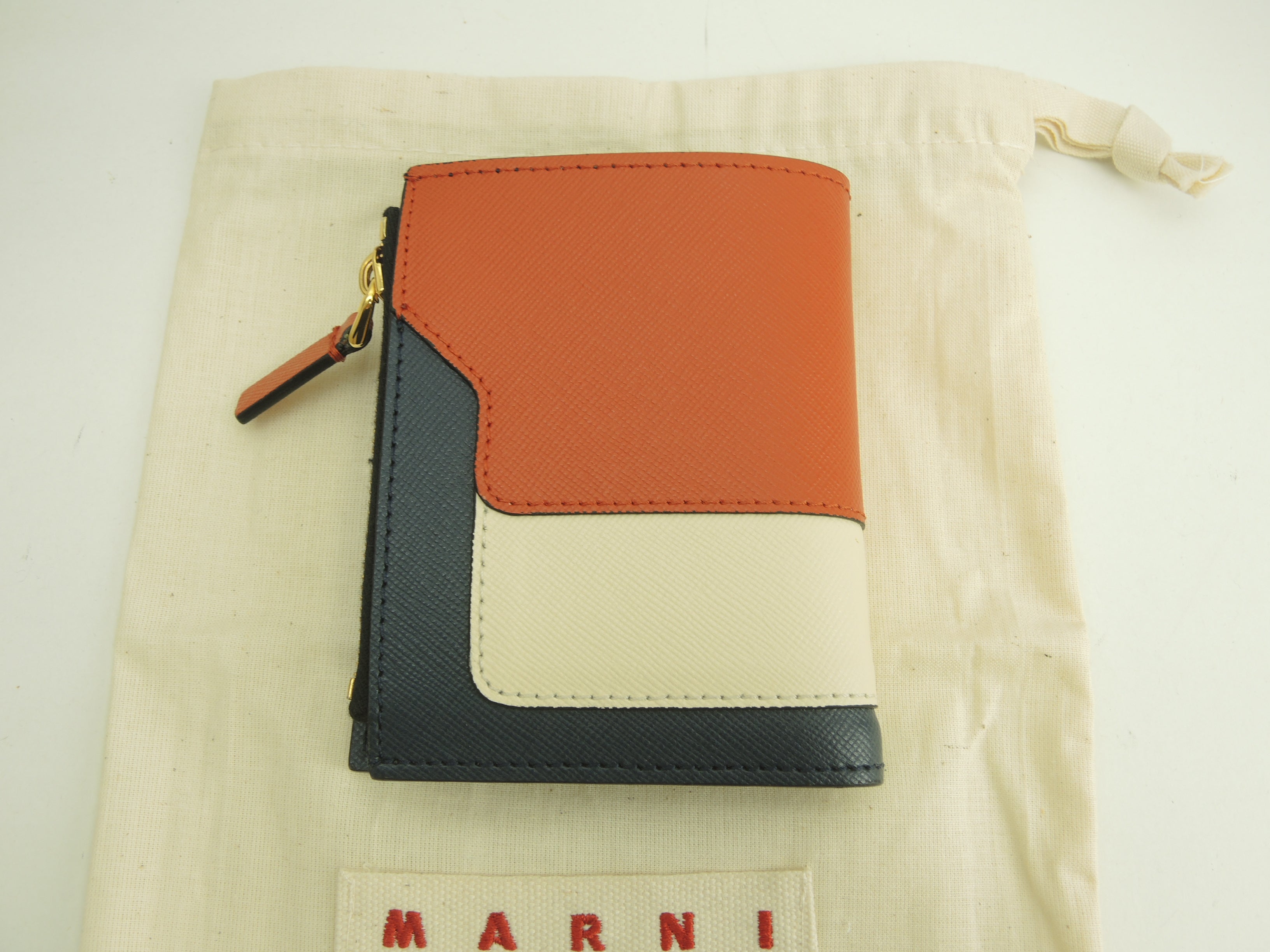 MARNI Portafoglio compatto in pelle marrone, bianco e blu navy, bi-fold, nuovo@ 357