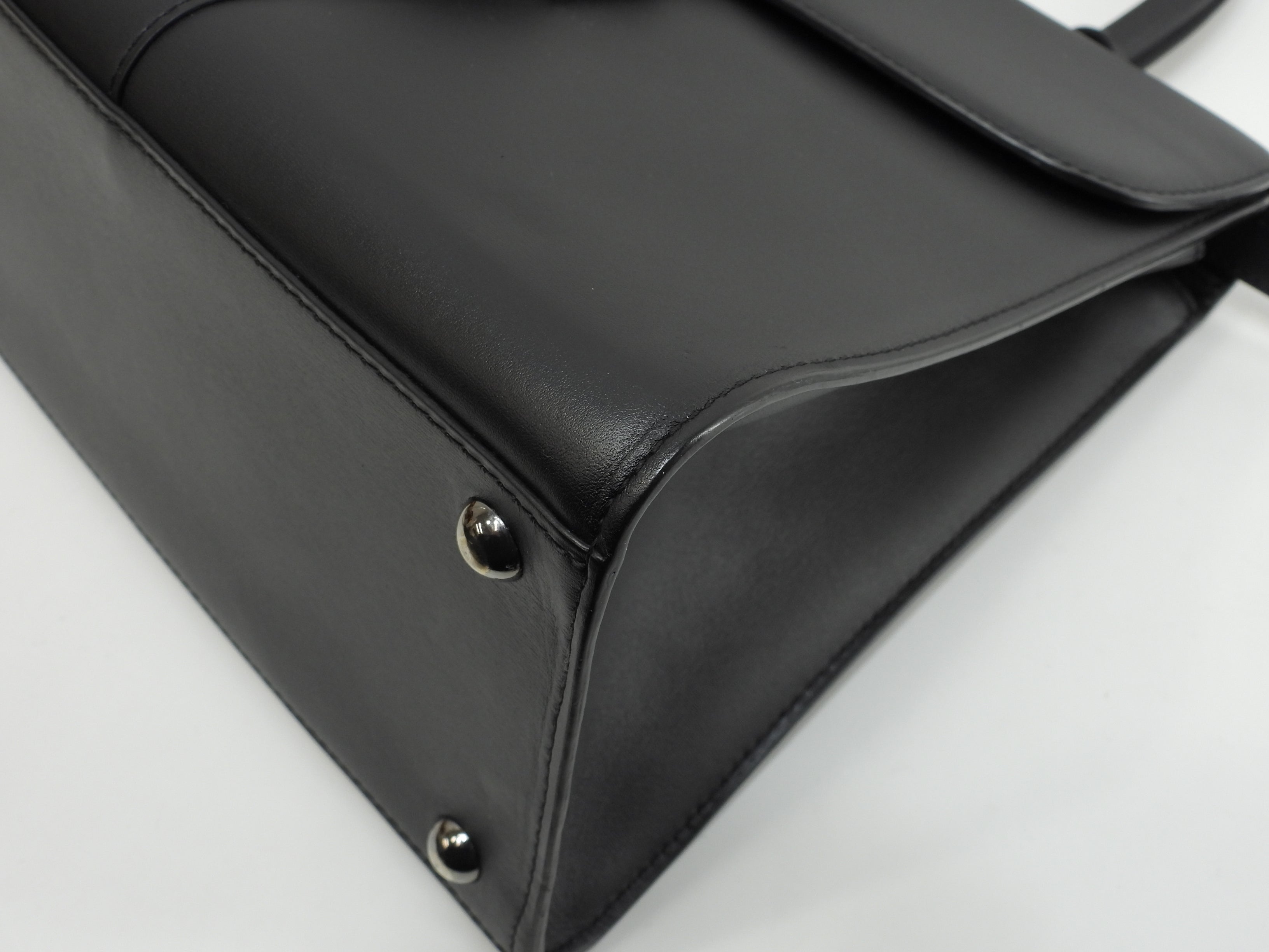 デルボー ブリヨンMM ボックスカーフレザー黒 シルバー金具 s付ハンドバッグ ケリー型 美品@ 1