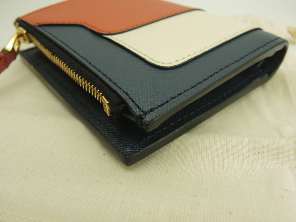 MARNI Portafoglio compatto in pelle marrone, bianco e blu navy, bi-fold, nuovo@ 357