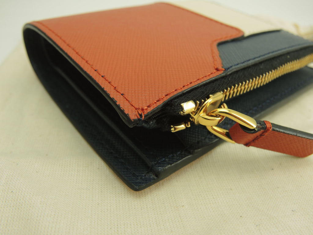 MARNI Portafoglio compatto in pelle marrone, bianco e blu navy, bi-fold, nuovo@ 357