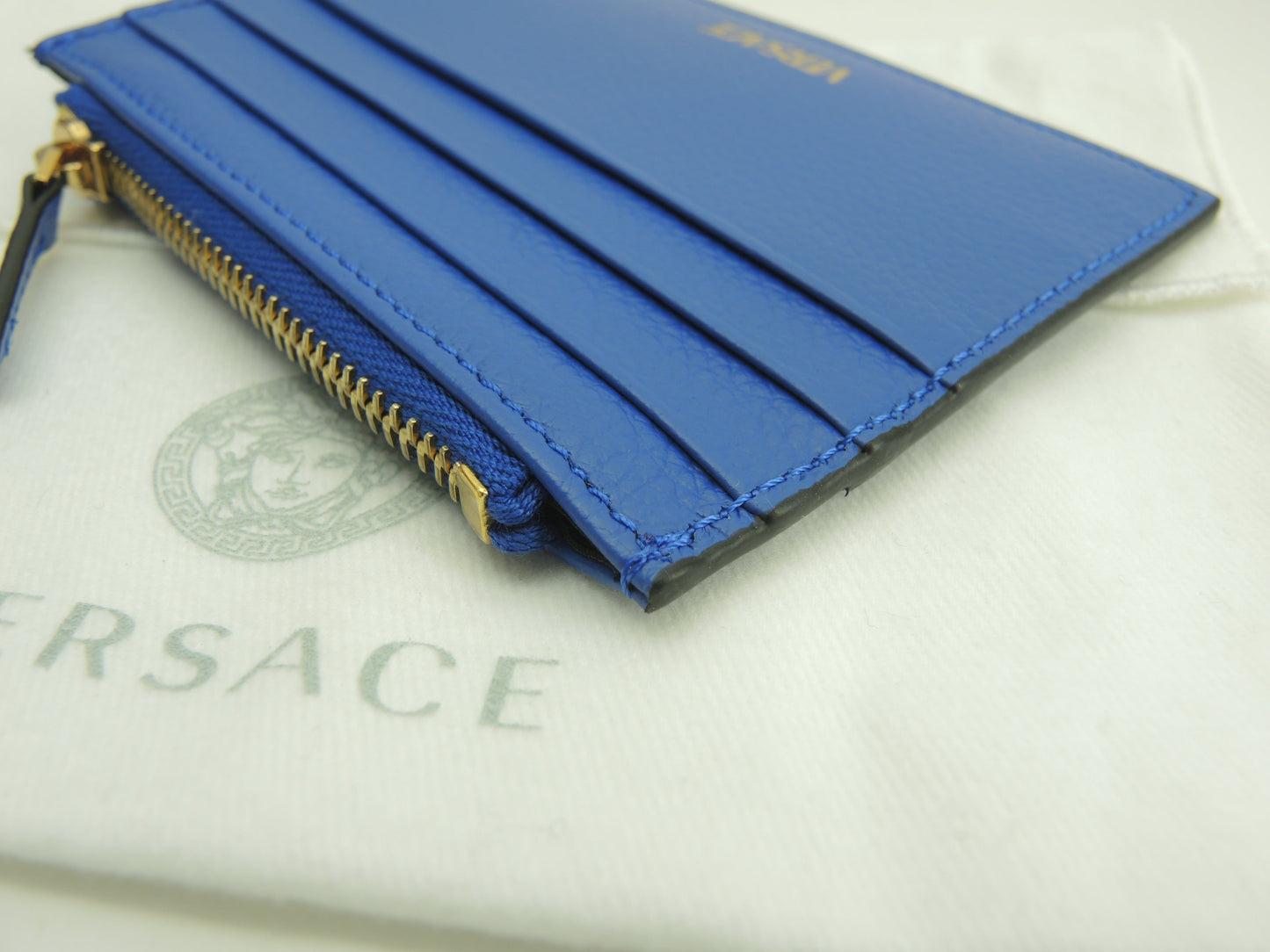 Versace Portamonete con scomparti per carte V Logo in pelle blu, porta carte di credito, nuovo @ 3