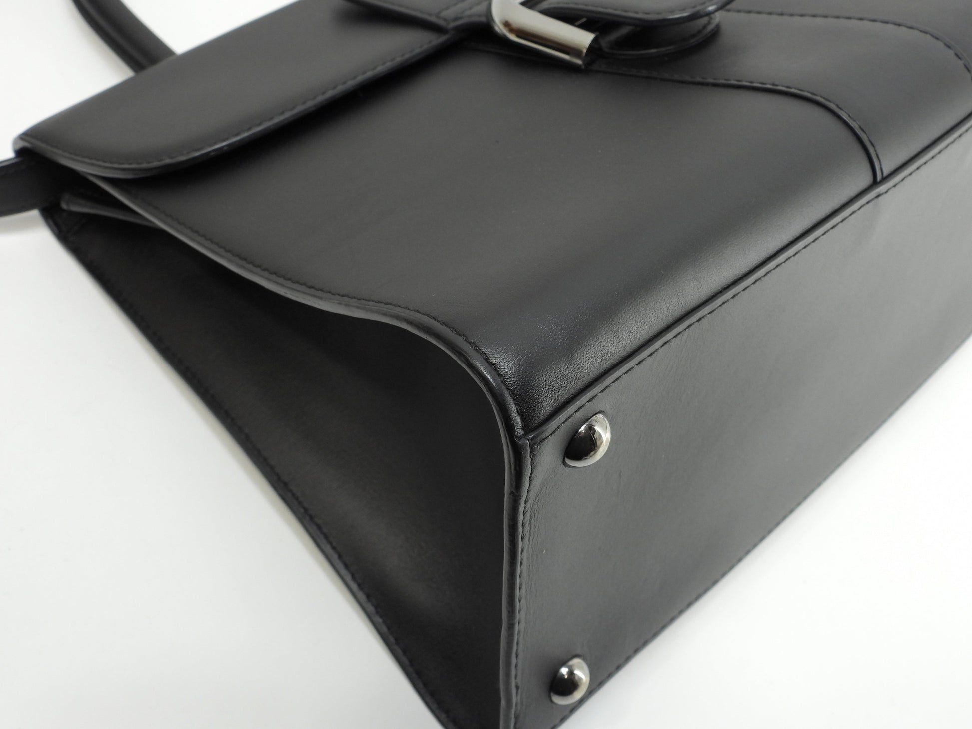デルボー ブリヨンMM ボックスカーフレザー黒 シルバー金具 s付ハンドバッグ ケリー型 美品@ 1