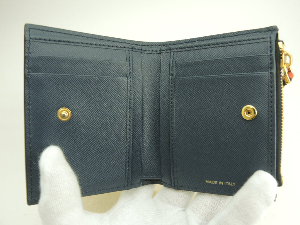 MARNI Portafoglio compatto in pelle marrone, bianco e blu navy, bi-fold, nuovo@ 357