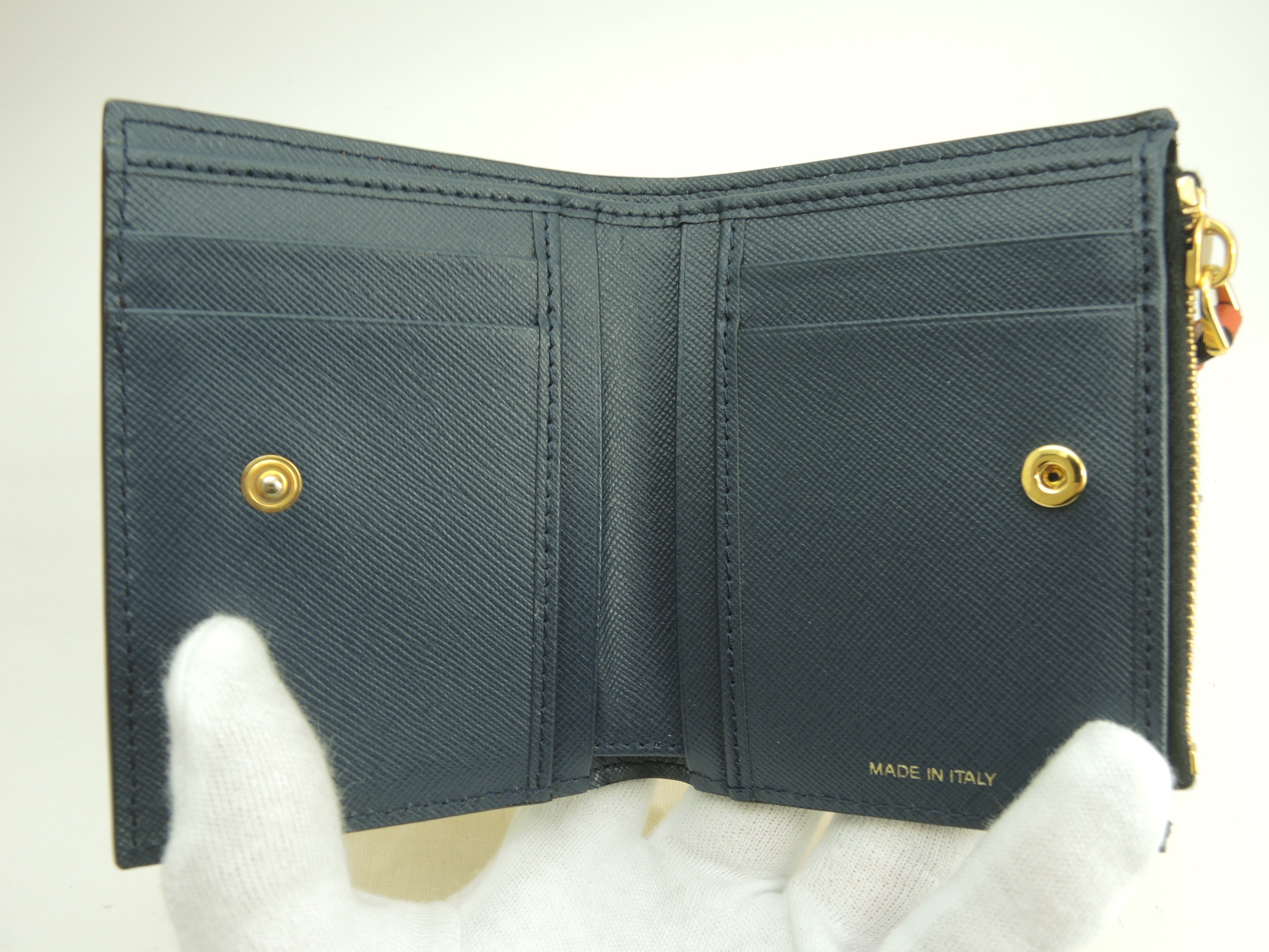 MARNI Portafoglio compatto in pelle marrone, bianco e blu navy, bi-fold, nuovo@ 357