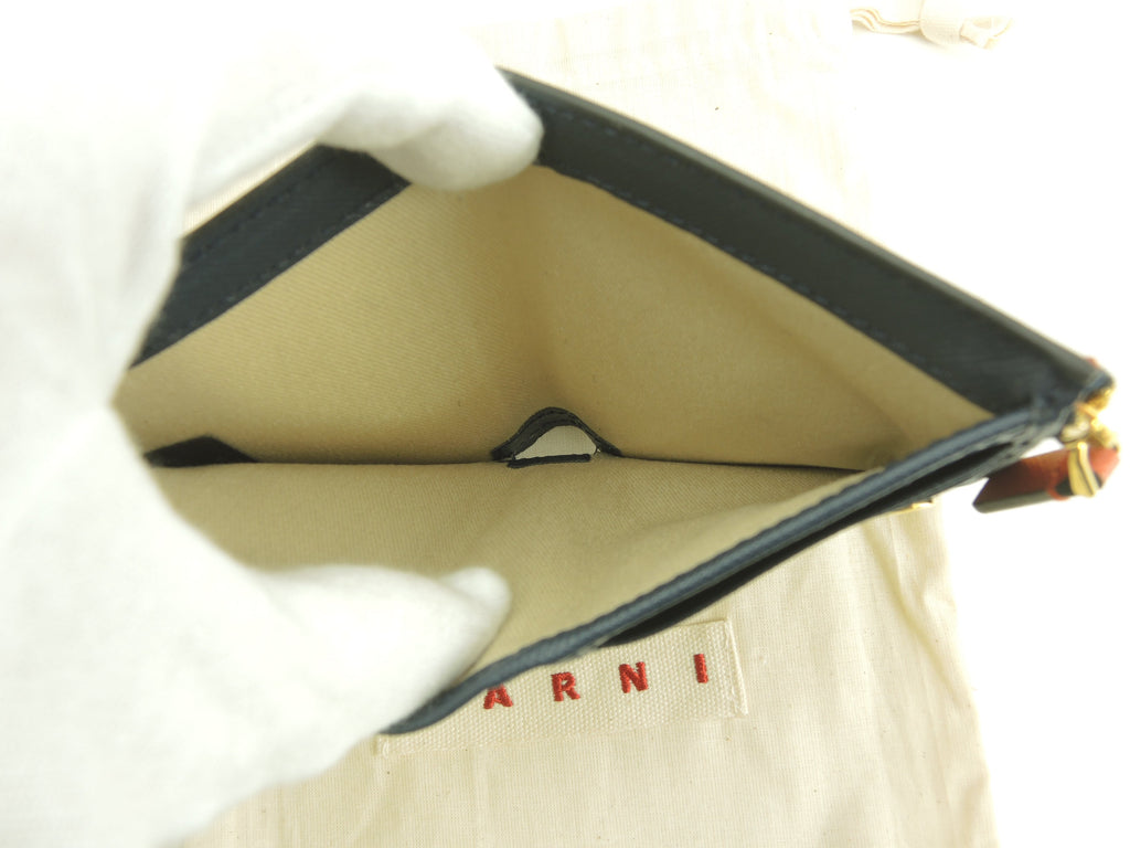 MARNI Portafoglio compatto in pelle marrone, bianco e blu navy, bi-fold, nuovo@ 357