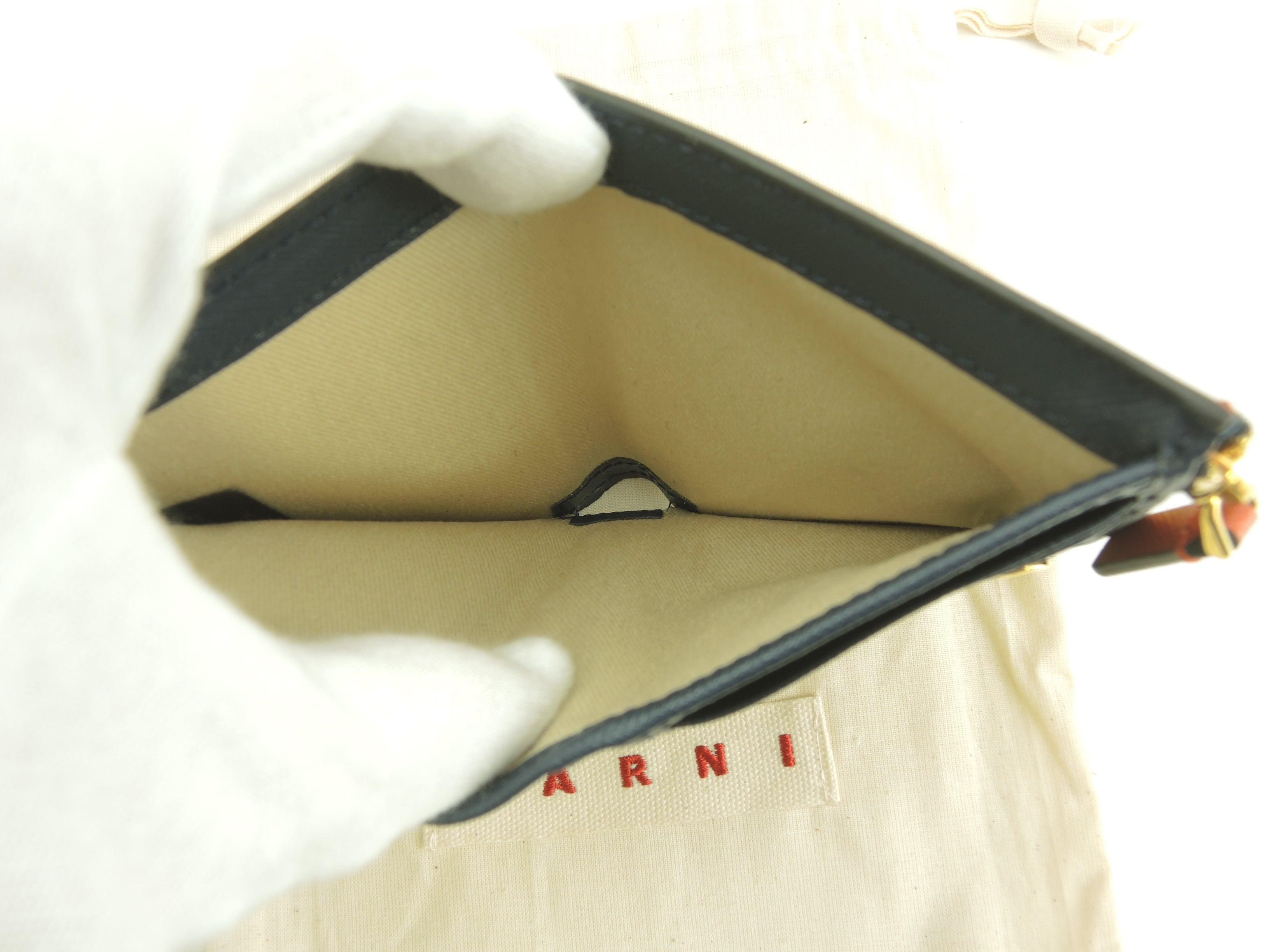 MARNI Portafoglio compatto in pelle marrone, bianco e blu navy, bi-fold, nuovo@ 357
