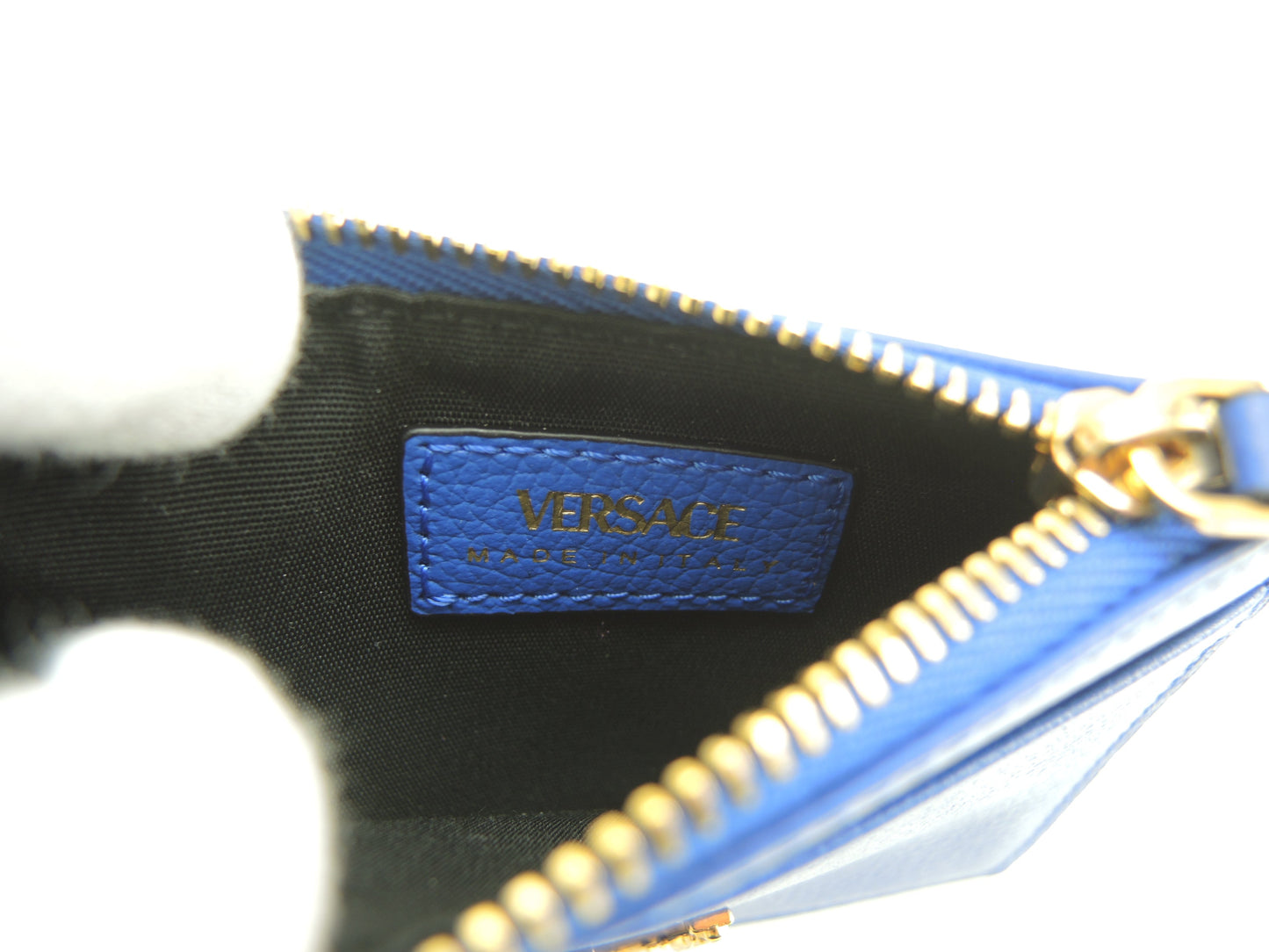 Versace Portamonete con scomparti per carte V Logo in pelle blu, porta carte di credito, nuovo @ 3