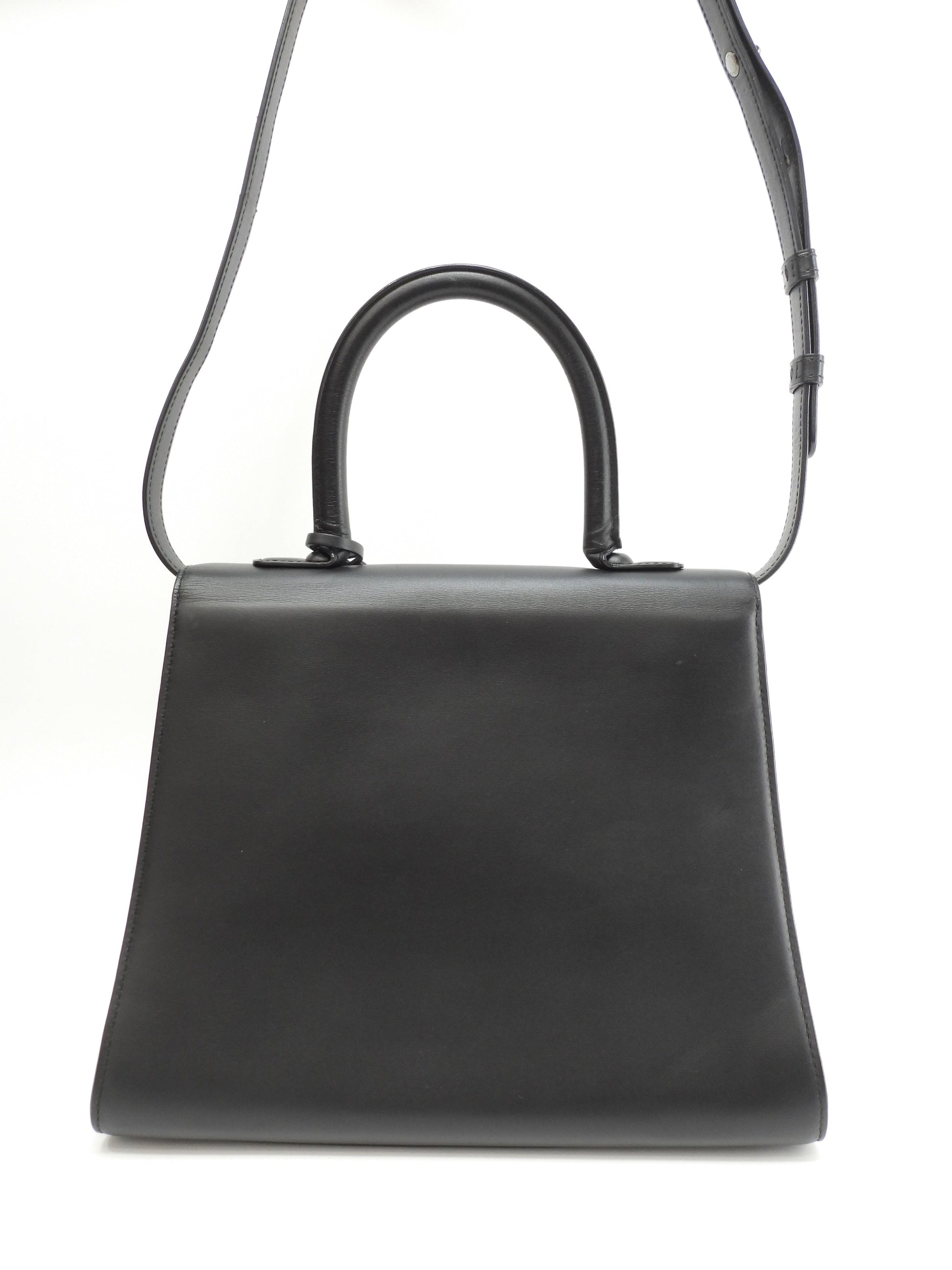 デルボー ブリヨンMM ボックスカーフレザー黒 シルバー金具 s付ハンドバッグ ケリー型 美品@ 1