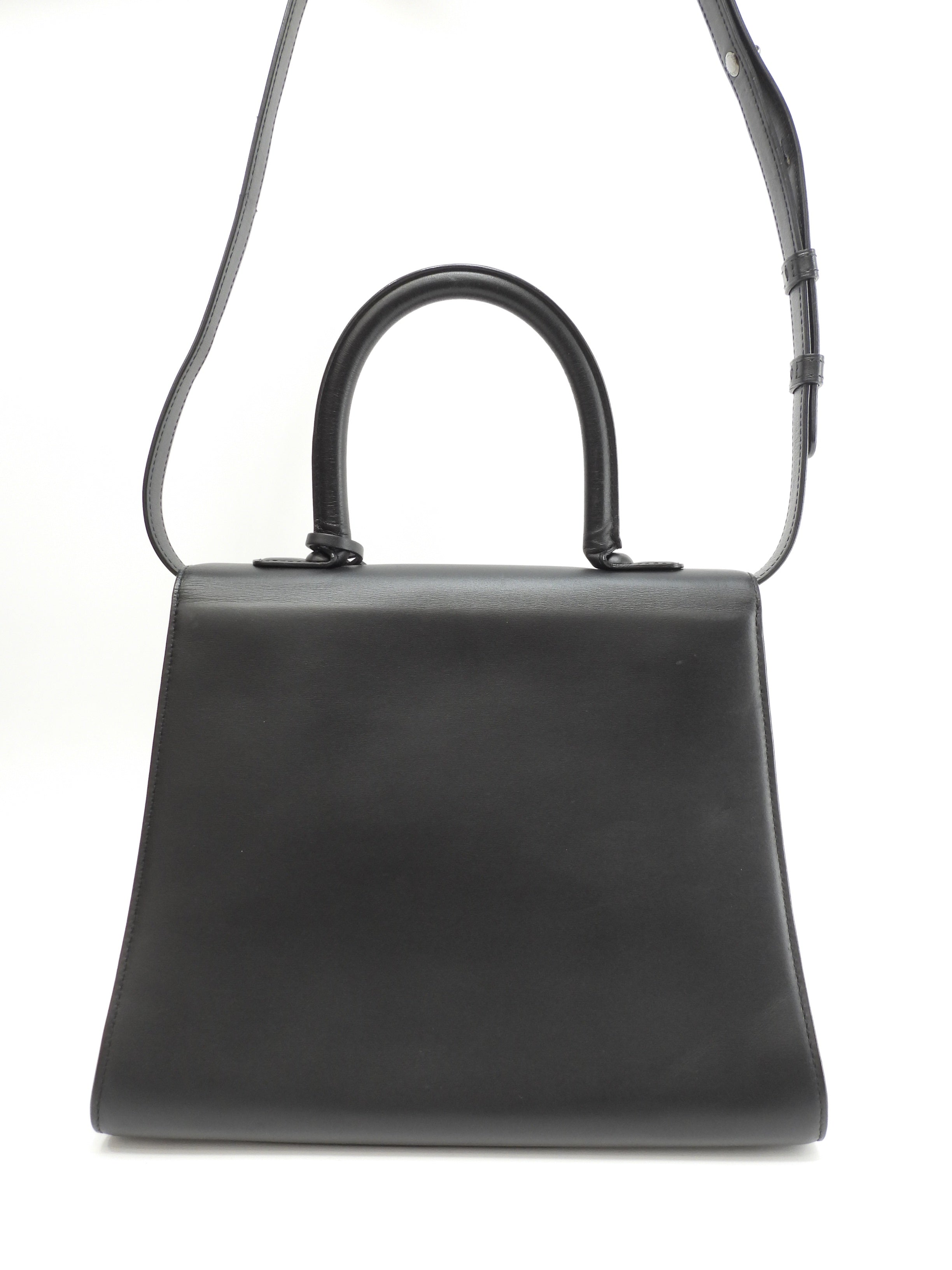 デルボー ブリヨンMM ボックスカーフレザー黒 シルバー金具 s付ハンドバッグ ケリー型 美品@ 1