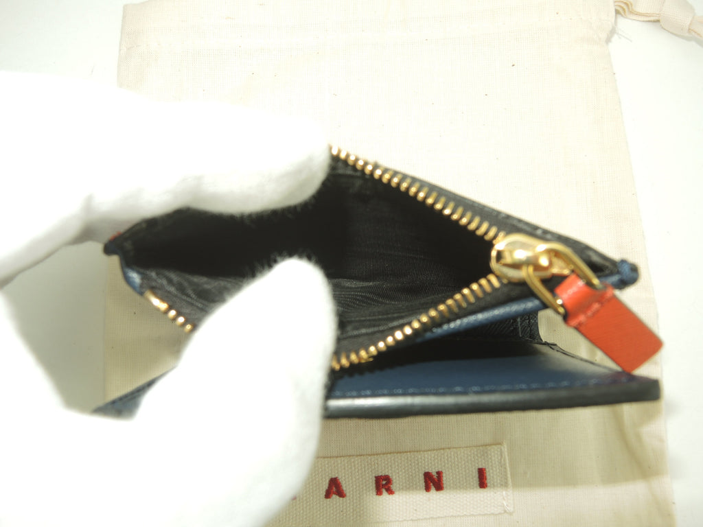 MARNI Portafoglio compatto in pelle marrone, bianco e blu navy, bi-fold, nuovo@ 357