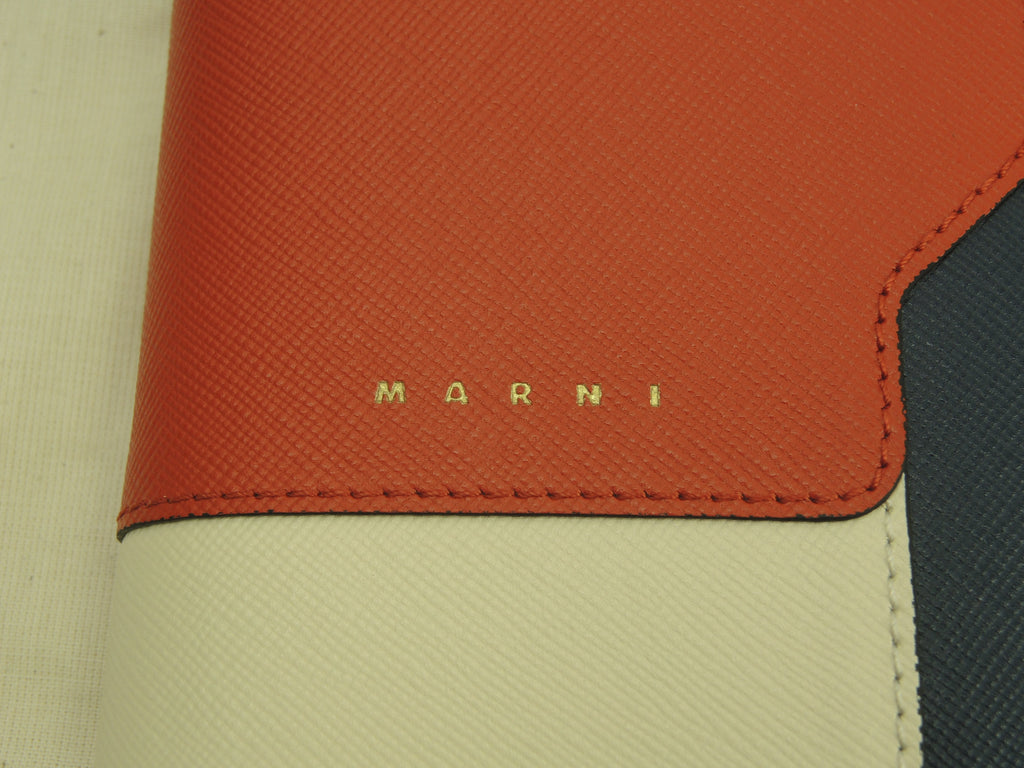 MARNI Portafoglio compatto in pelle marrone, bianco e blu navy, bi-fold, nuovo@ 357