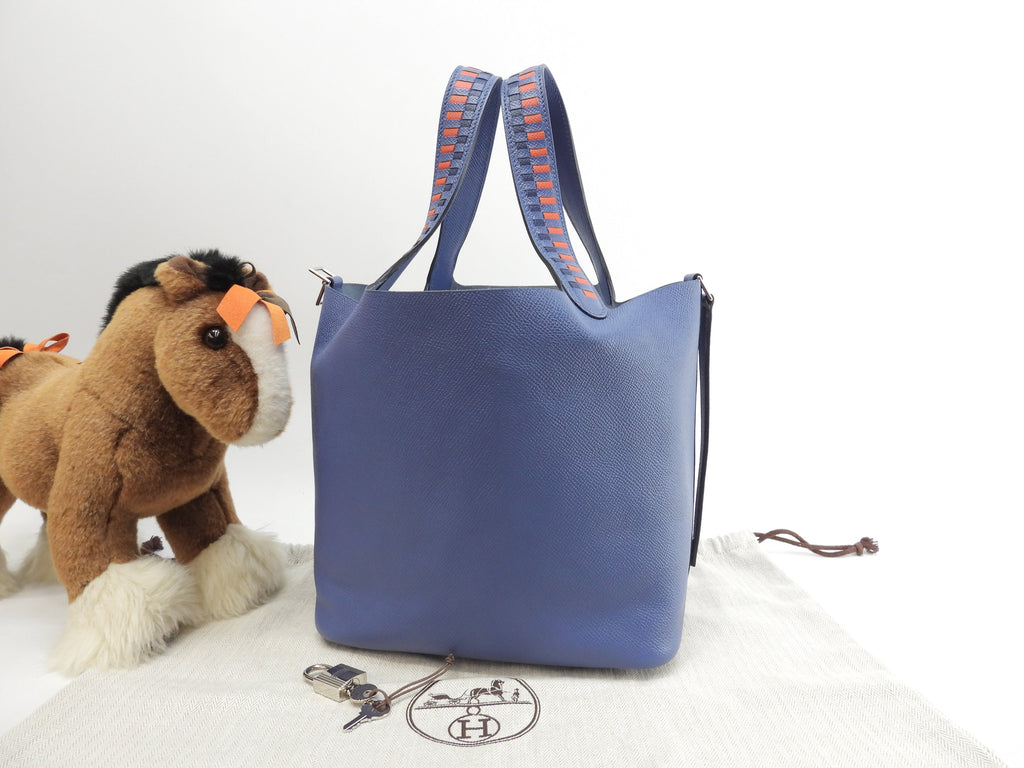 Hermes Picotin Lock MM Tressage Epsom blu borsa a mano bella condizione @C 3