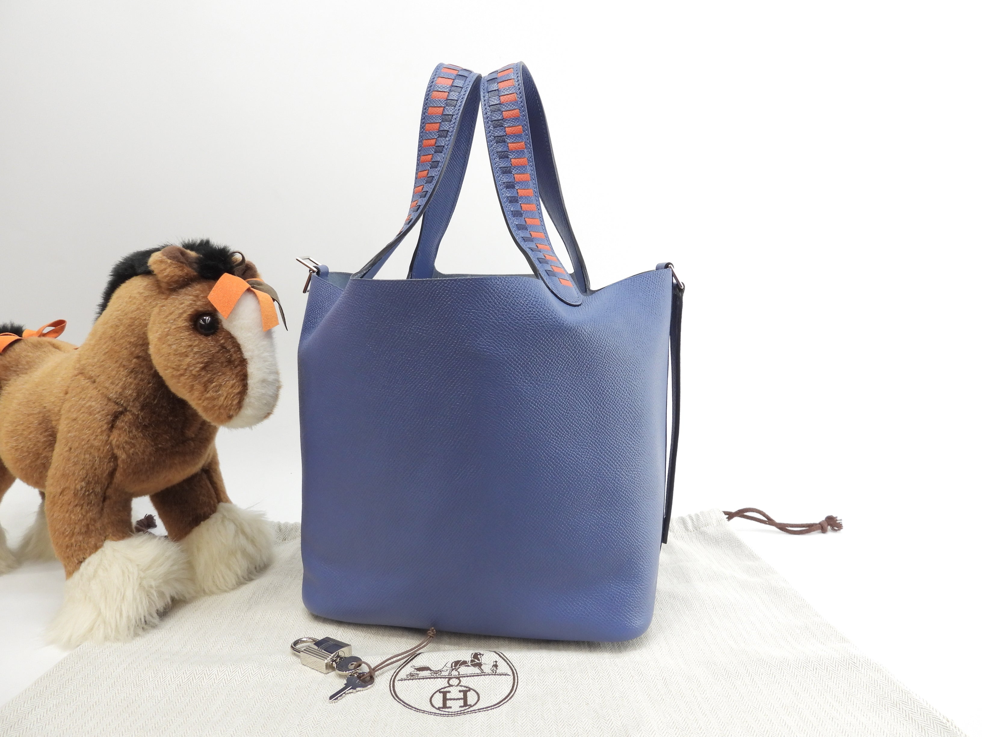 Hermes Picotin Lock MM Tressage Epsom blu borsa a mano bella condizione @C 3