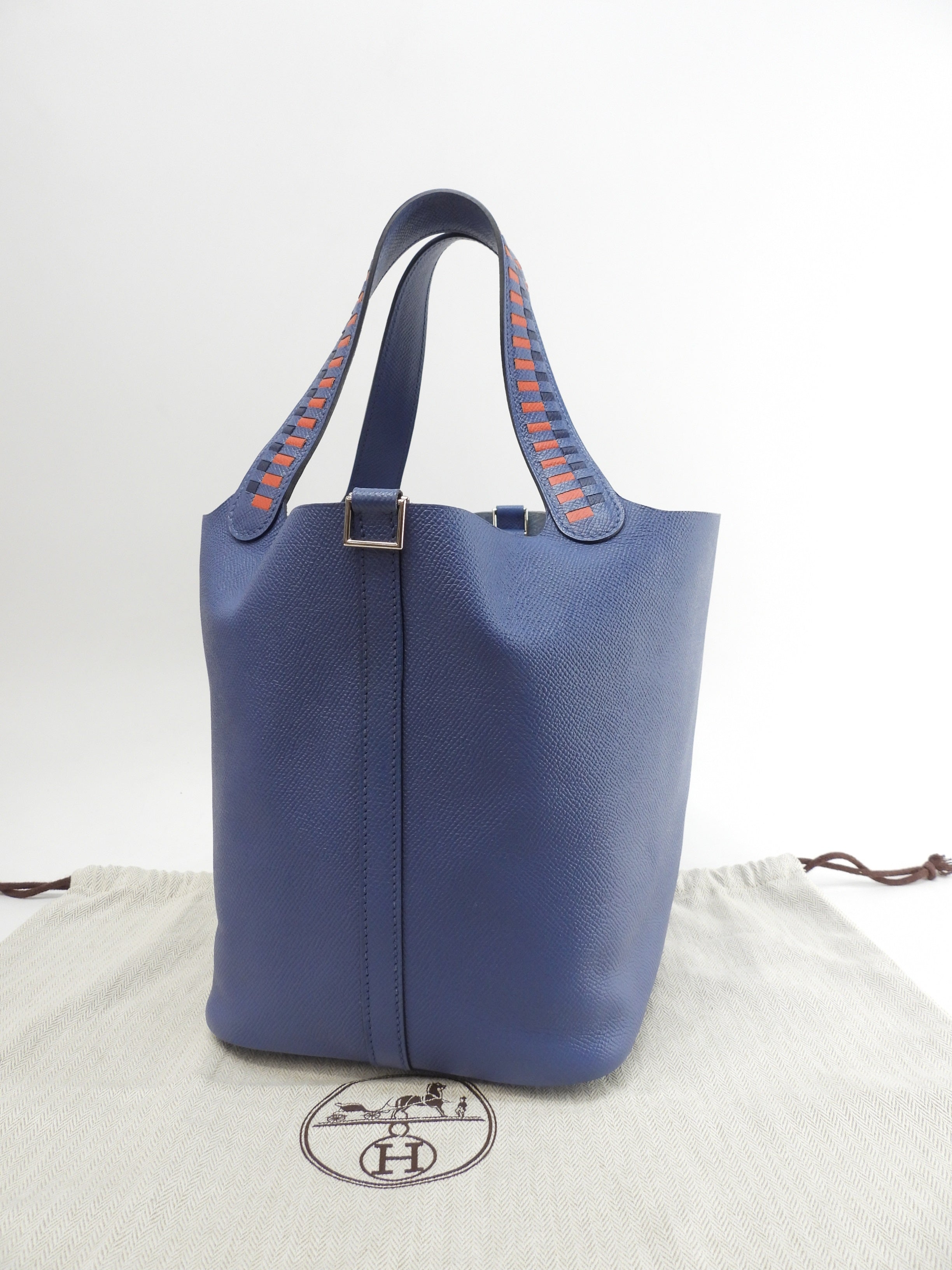 Hermes Picotin Lock MM Tressage Epsom blu borsa a mano bella condizione @C 3