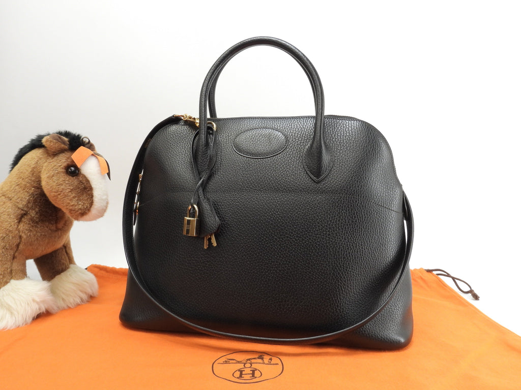 Hermès Bolide 37 in pelle Ardennes nera, hardware dorato, borsa a mano con tracolla @〇X