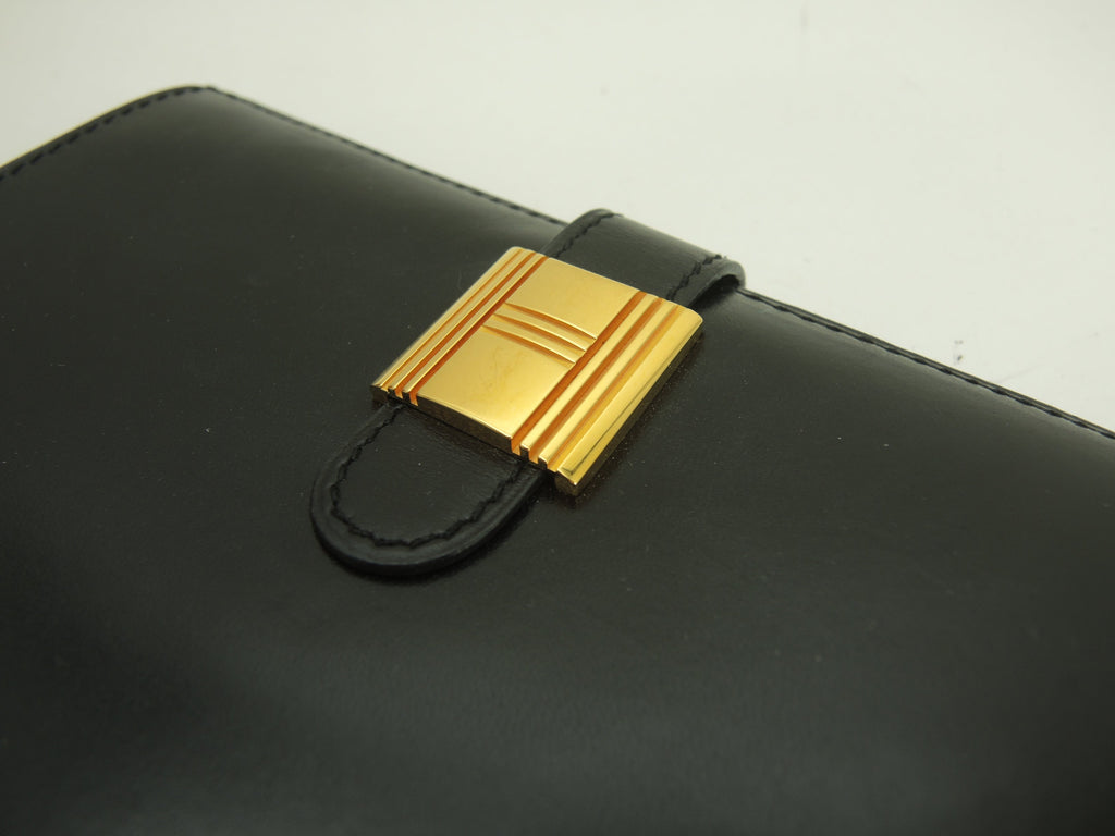 Hermès Portafoglio pieghevole in pelle di vitello Box nera con lucchetto dorato, portafoglio compatto @〇Y