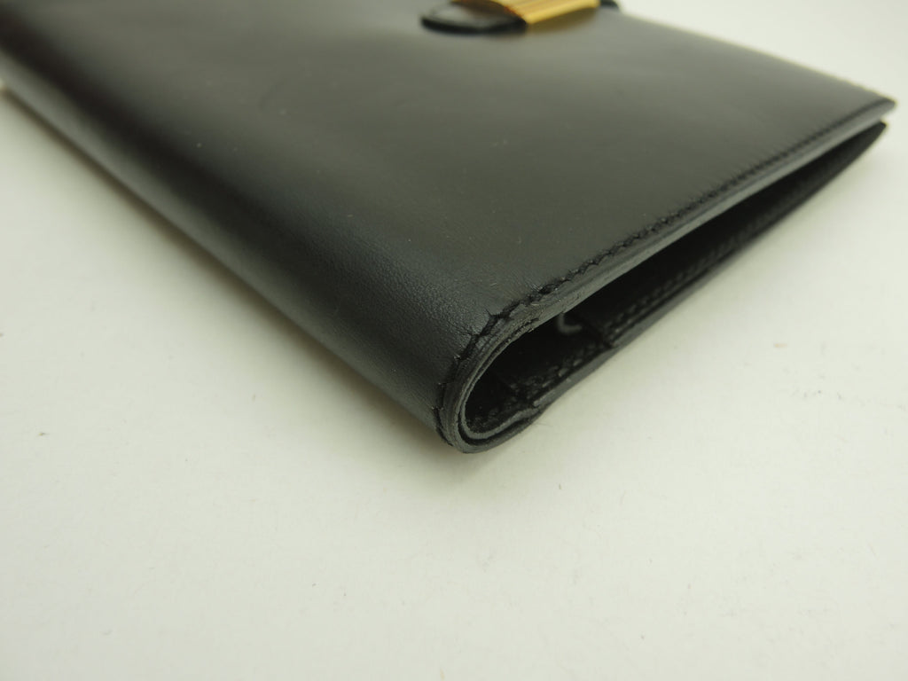 Hermès Portafoglio pieghevole in pelle di vitello Box nera con lucchetto dorato, portafoglio compatto @〇Y