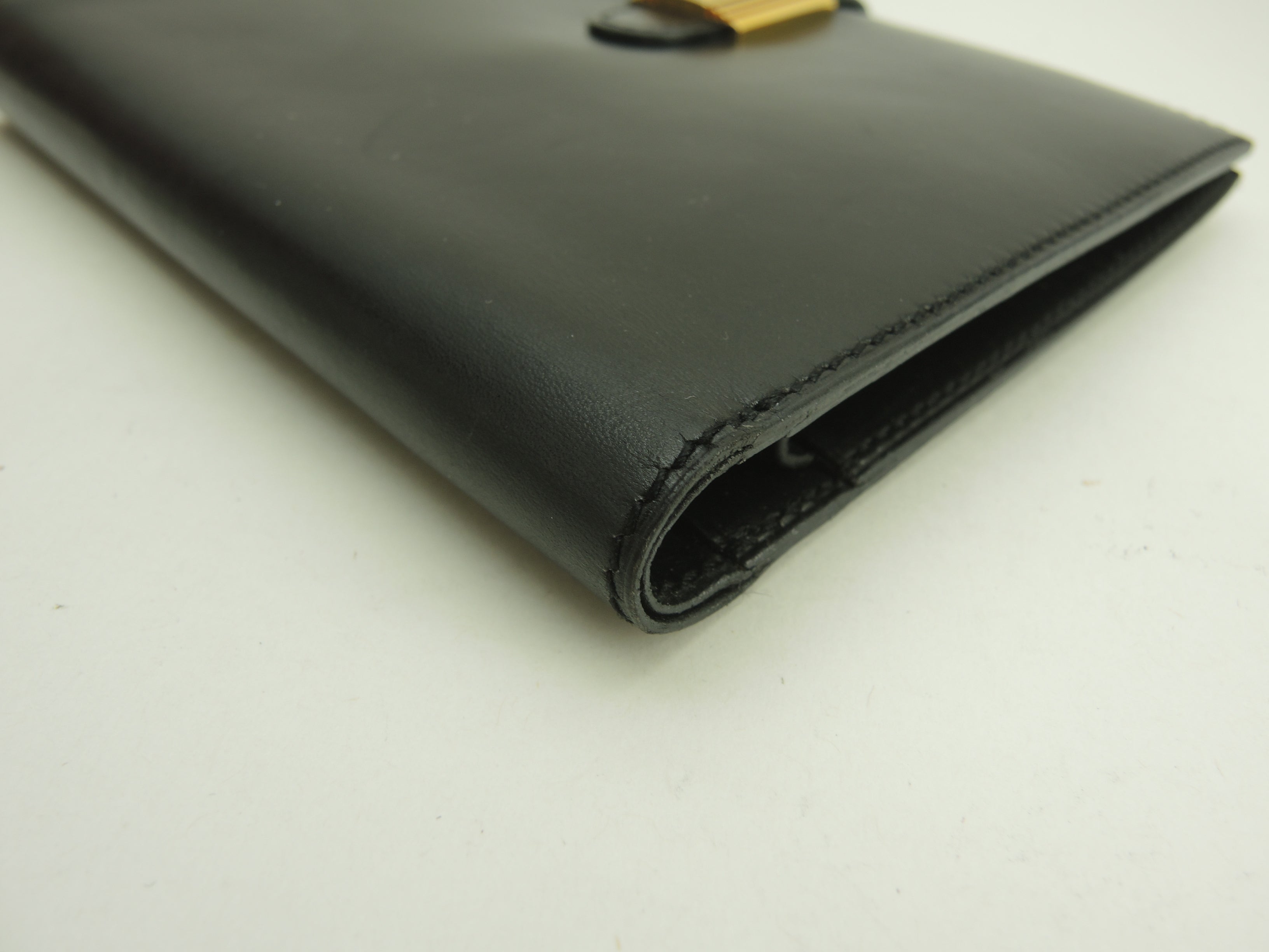 Hermès Portafoglio pieghevole in pelle di vitello Box nera con lucchetto dorato, portafoglio compatto @〇Y