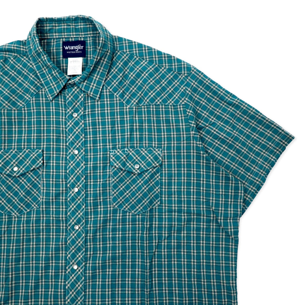 Camicia western a maniche corte Wrangler anni '90, a scacchi, verde, in cotone, con bottoni a pressione, taglia 3XT, oversize.