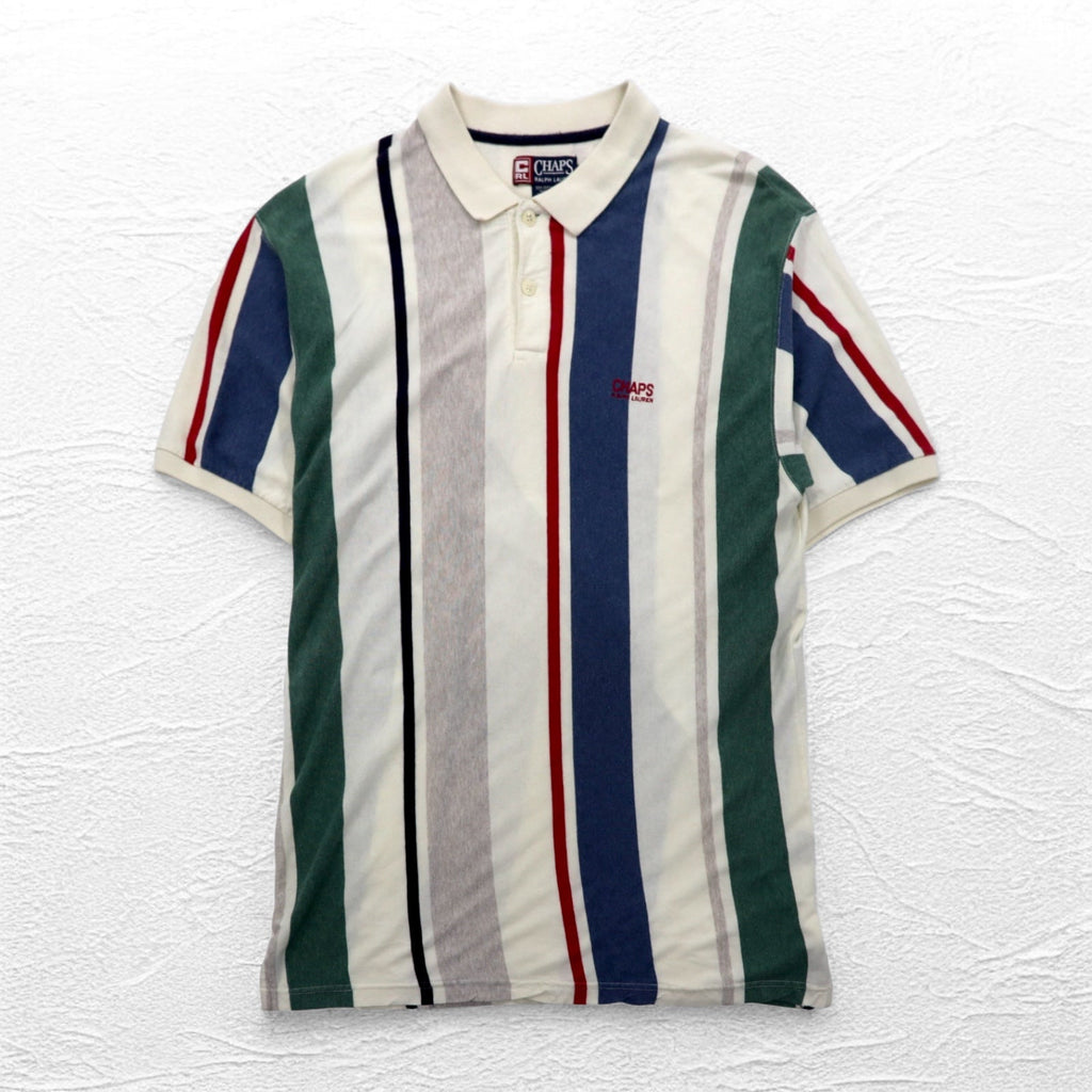 CHAPS RALPH LAUREN 90年代 マルチストライプ ポロシャツ L ホワイト ワンポイントロゴ刺繍