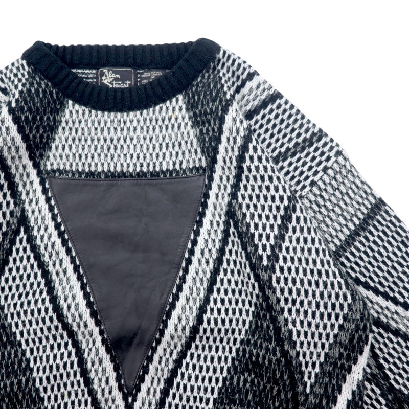 Maglione anni '90 Alan Stuart fantasia all-over M nero grigio acrilico fantasia geometrica inserti in pelle