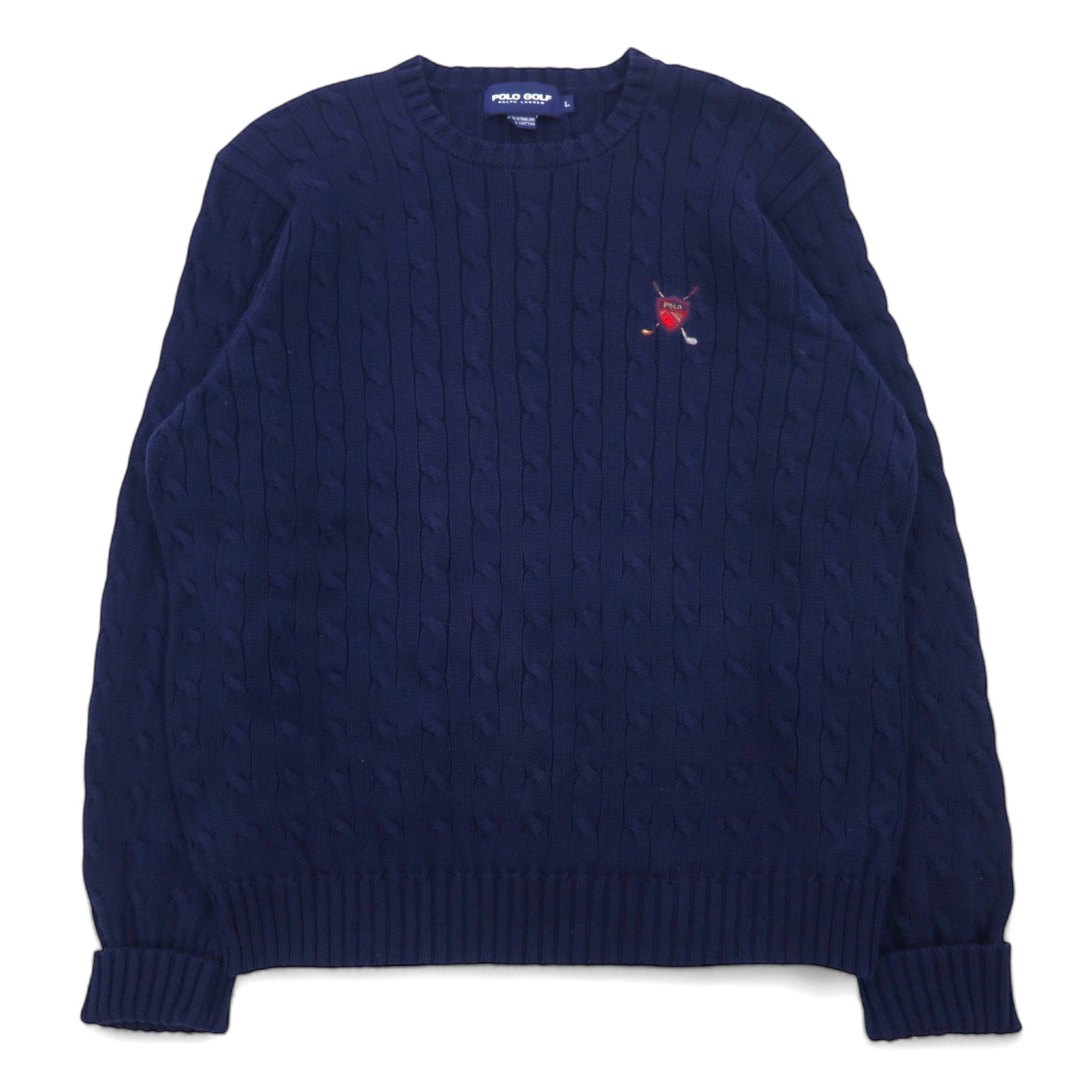 POLO GOLF RALPH LAUREN anni '90 girocollo maglione in maglia a trecce L blu navy cotone ricamo logo