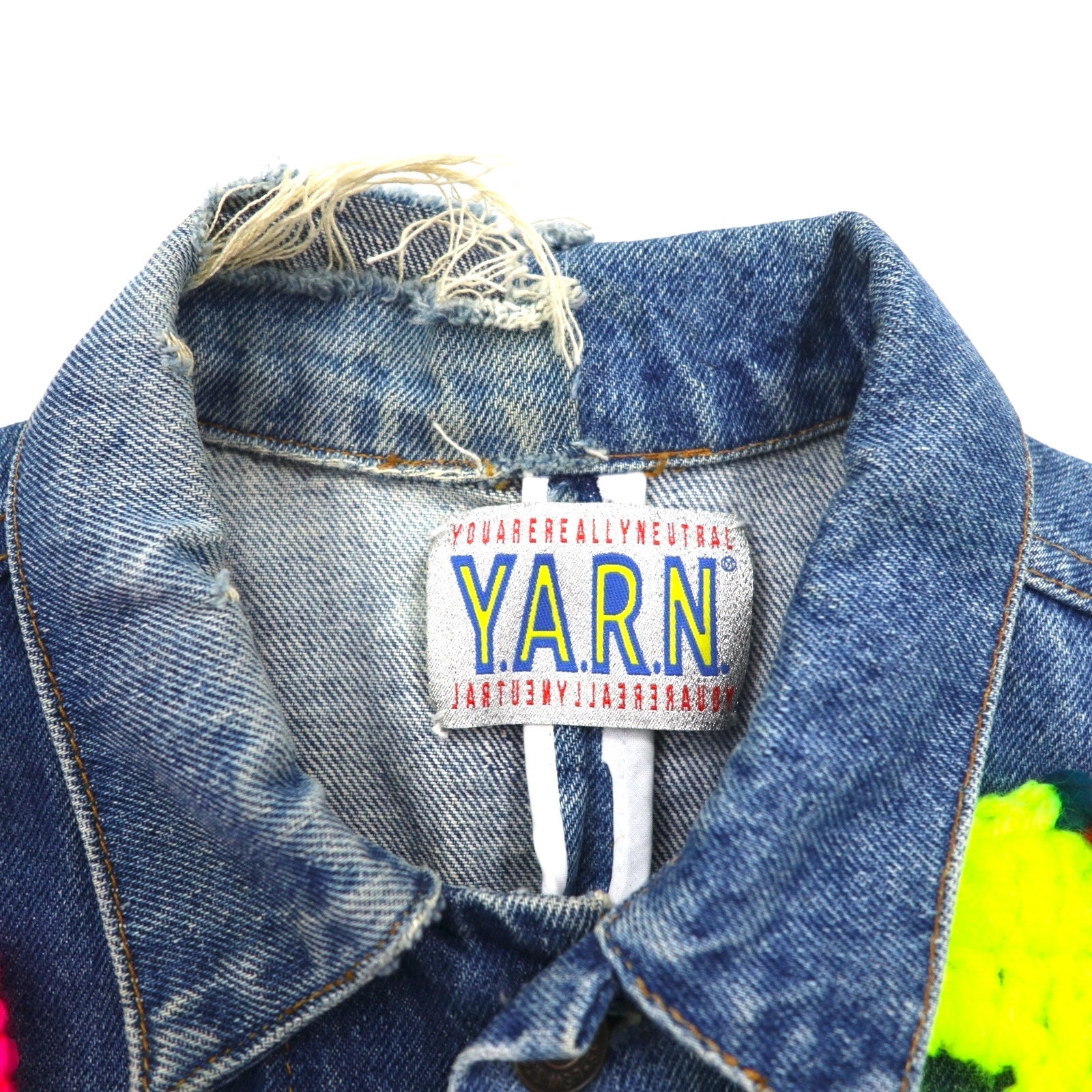Y.A.R.N. × 90s Levi's Orange Tab 75505 Rielaborazione Ricostruzione Maglione Teschio Giacca di Jeans Maglione Teschio Giacca di Jeans Giacca trucker L Fatto a mano
