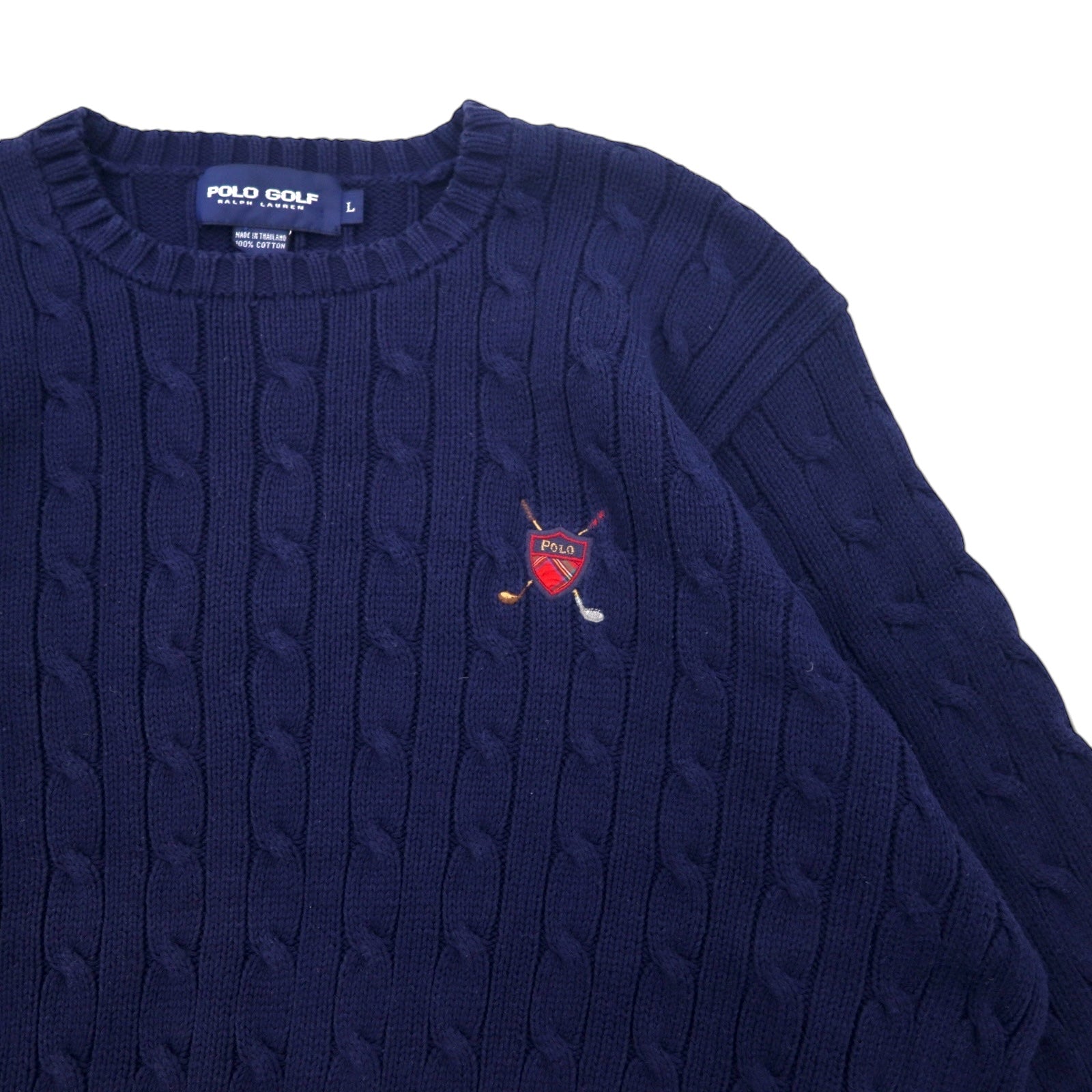 POLO GOLF RALPH LAUREN anni '90 girocollo maglione in maglia a trecce L blu navy cotone ricamo logo