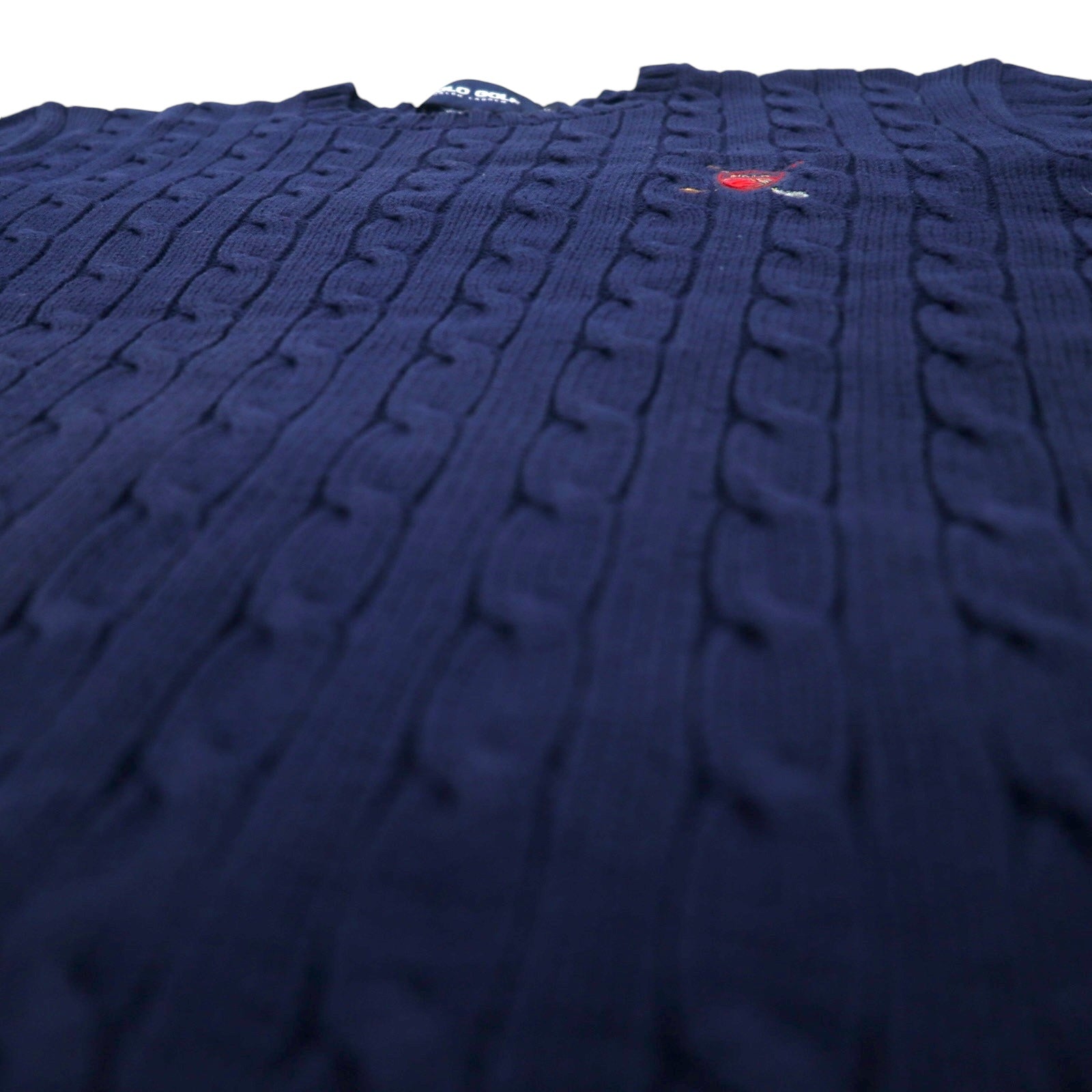 POLO GOLF RALPH LAUREN anni '90 girocollo maglione in maglia a trecce L blu navy cotone ricamo logo