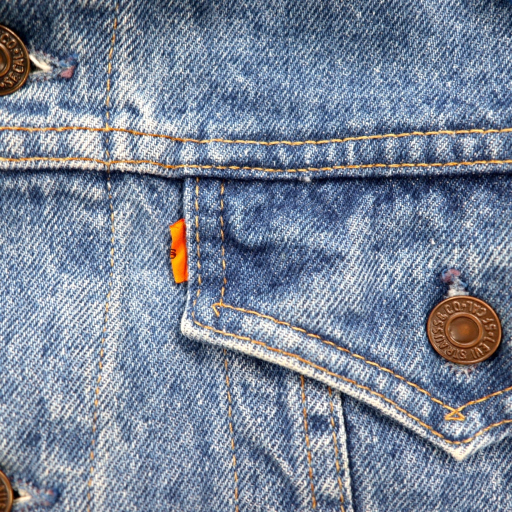 Y.A.R.N. × 90s Levi's Orange Tab 75505 Rielaborazione Ricostruzione Maglione Teschio Giacca di Jeans Maglione Teschio Giacca di Jeans Giacca trucker L Fatto a mano