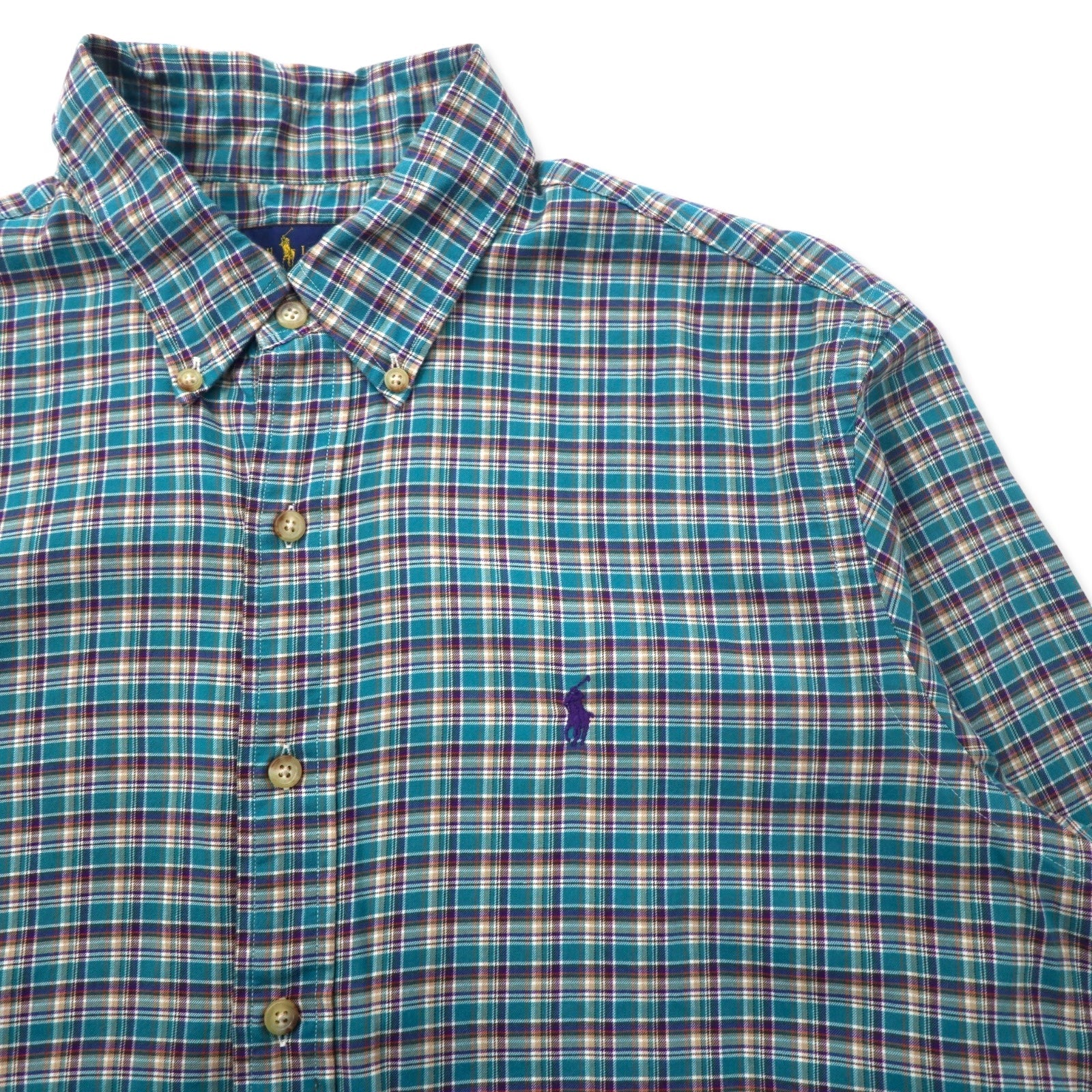 RALPH LAUREN Camicia button-down taglia L, verde a quadri, in cotone, con ricamo Small Pony, taglia grande
