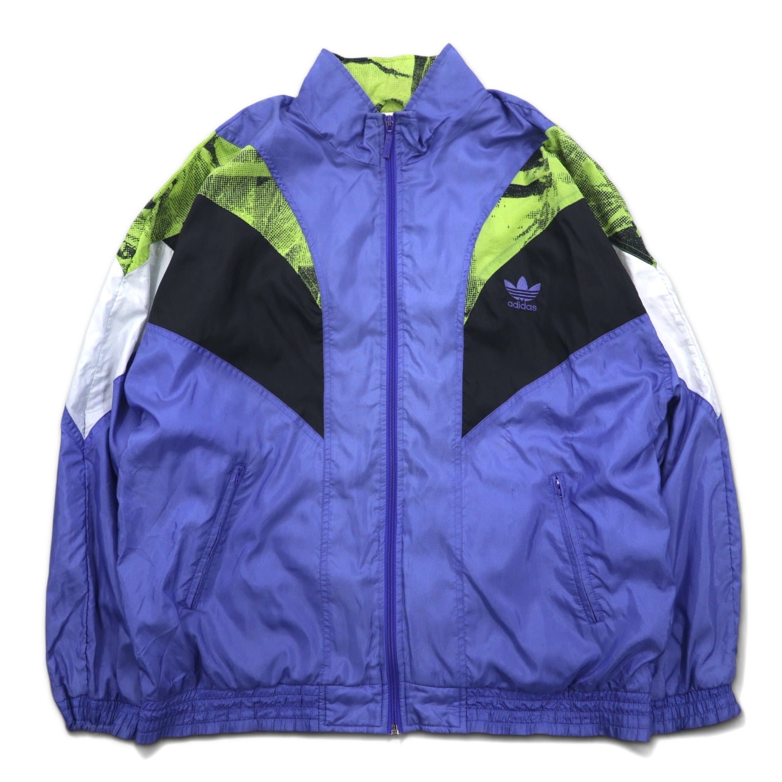 adidas Giacca da pista in nylon anni '90, taglia M, blu, logo ricamato a trifoglio, etichetta argentata