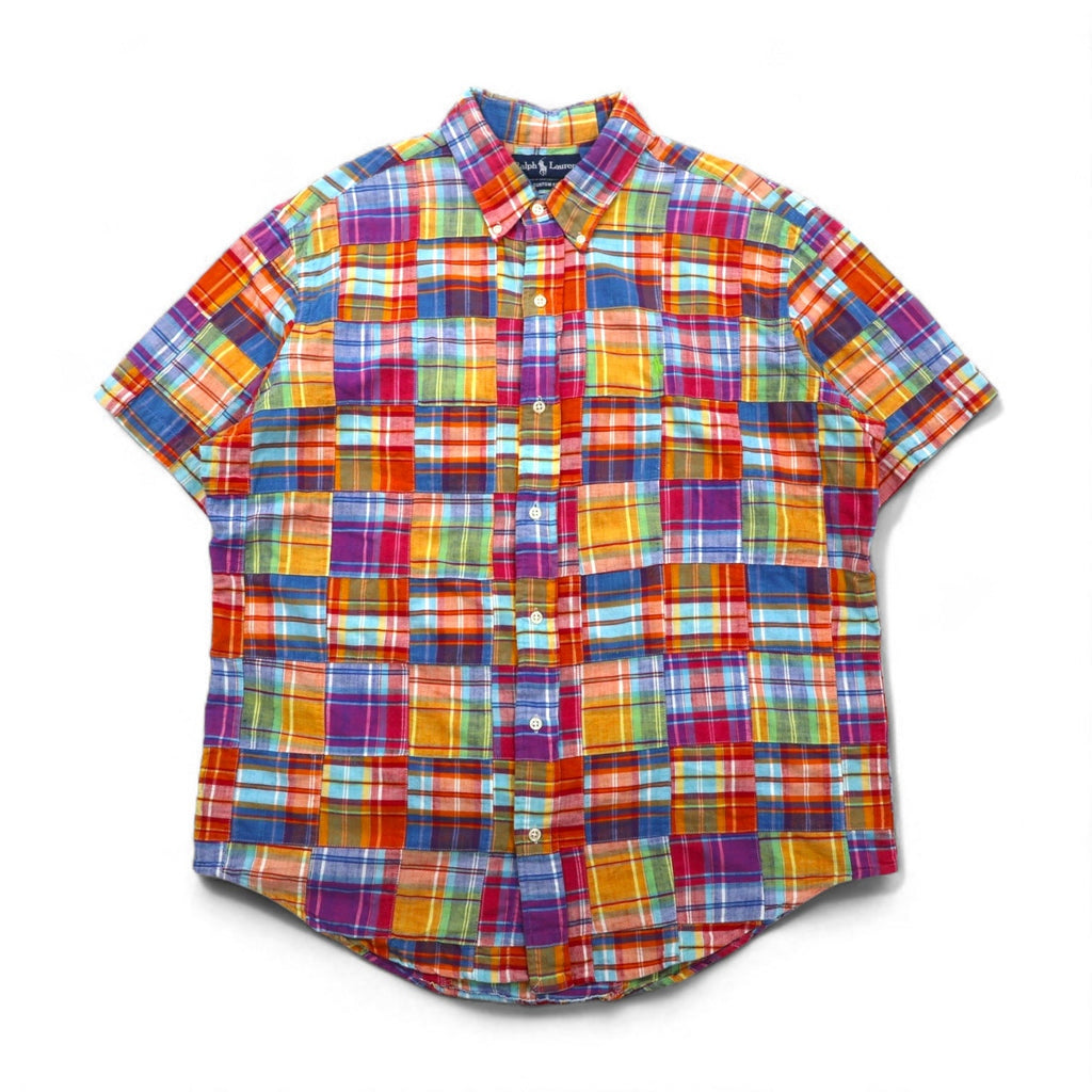 Ralph Lauren Anni '90 Camicia button-down a maniche corte patchwork XL Multicolore a quadri CUSTOM FIT con ricamo pony piccolo