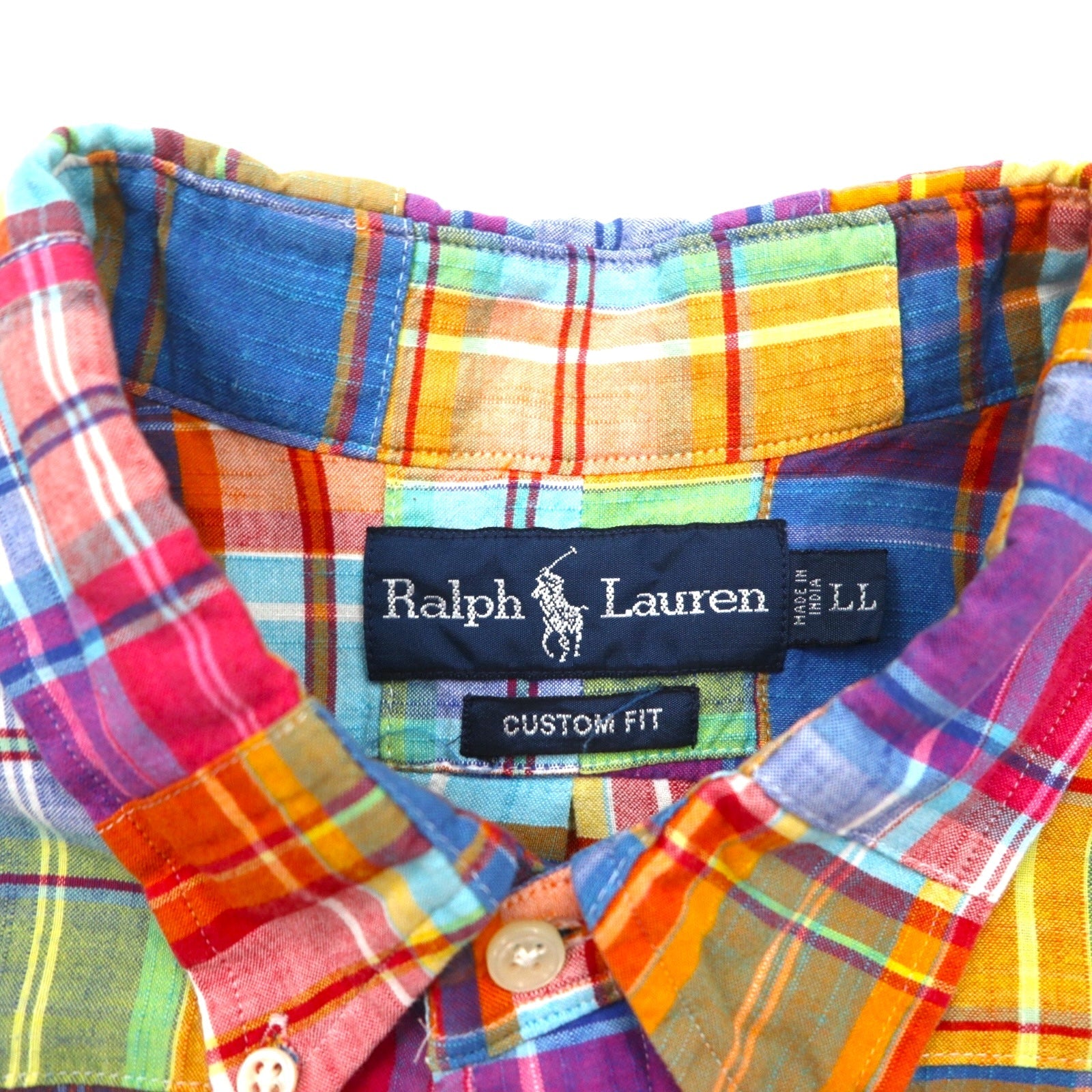 Ralph Lauren Anni '90 Camicia button-down a maniche corte patchwork XL Multicolore a quadri CUSTOM FIT con ricamo pony piccolo