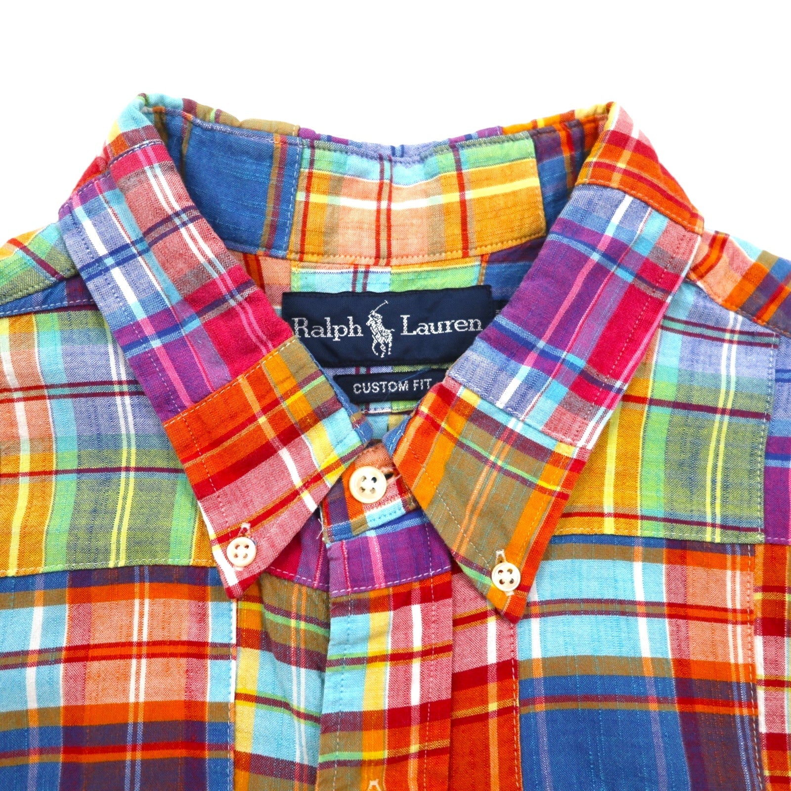 Ralph Lauren Anni '90 Camicia button-down a maniche corte patchwork XL Multicolore a quadri CUSTOM FIT con ricamo pony piccolo