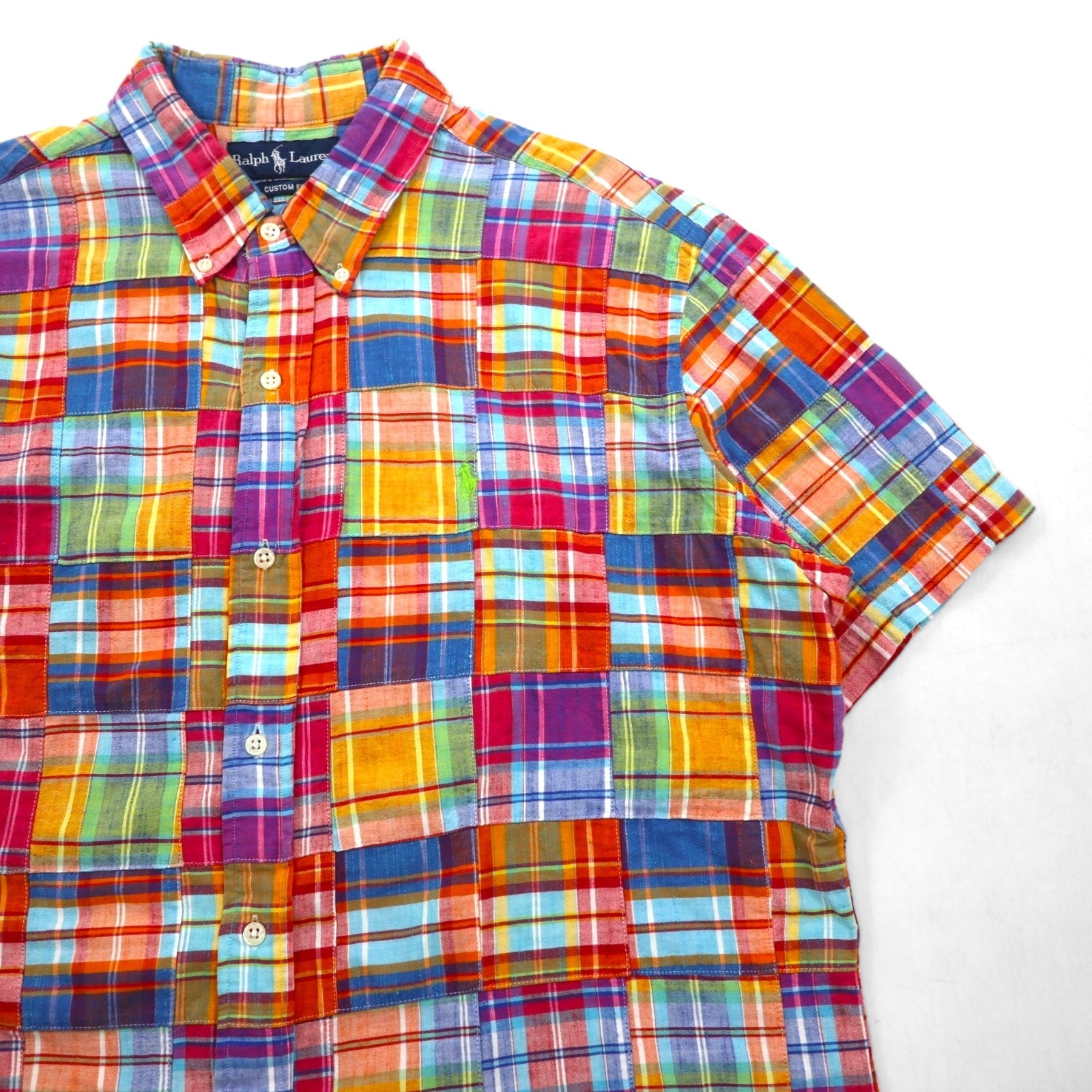 Ralph Lauren Anni '90 Camicia button-down a maniche corte patchwork XL Multicolore a quadri CUSTOM FIT con ricamo pony piccolo