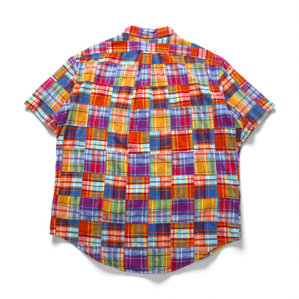 Ralph Lauren Anni '90 Camicia button-down a maniche corte patchwork XL Multicolore a quadri CUSTOM FIT con ricamo pony piccolo