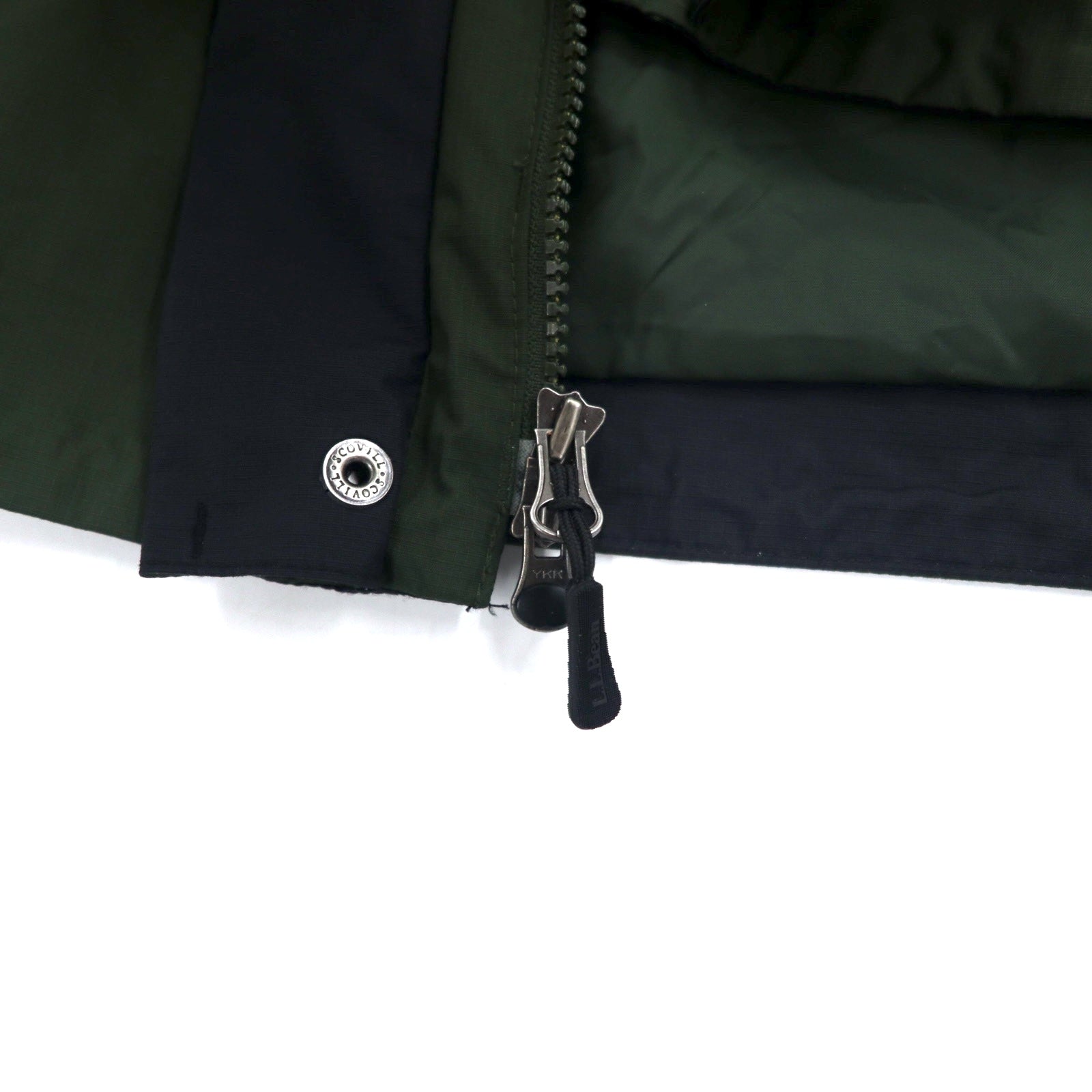 L.L.Bean parka anni '90, taglia XL, color cachi, in nylon impermeabile, con sistema zip-in e etichetta a montagna.