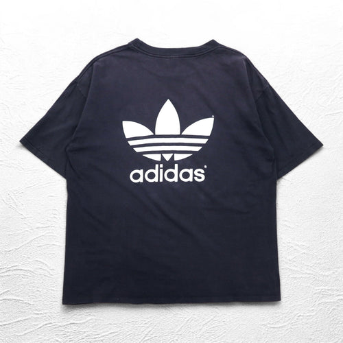 adidas Anni '80 Prodotto negli USA T-shirt con stampa Trefoil su entrambi i lati 2XL Nera Cuciture singole Taglia grande