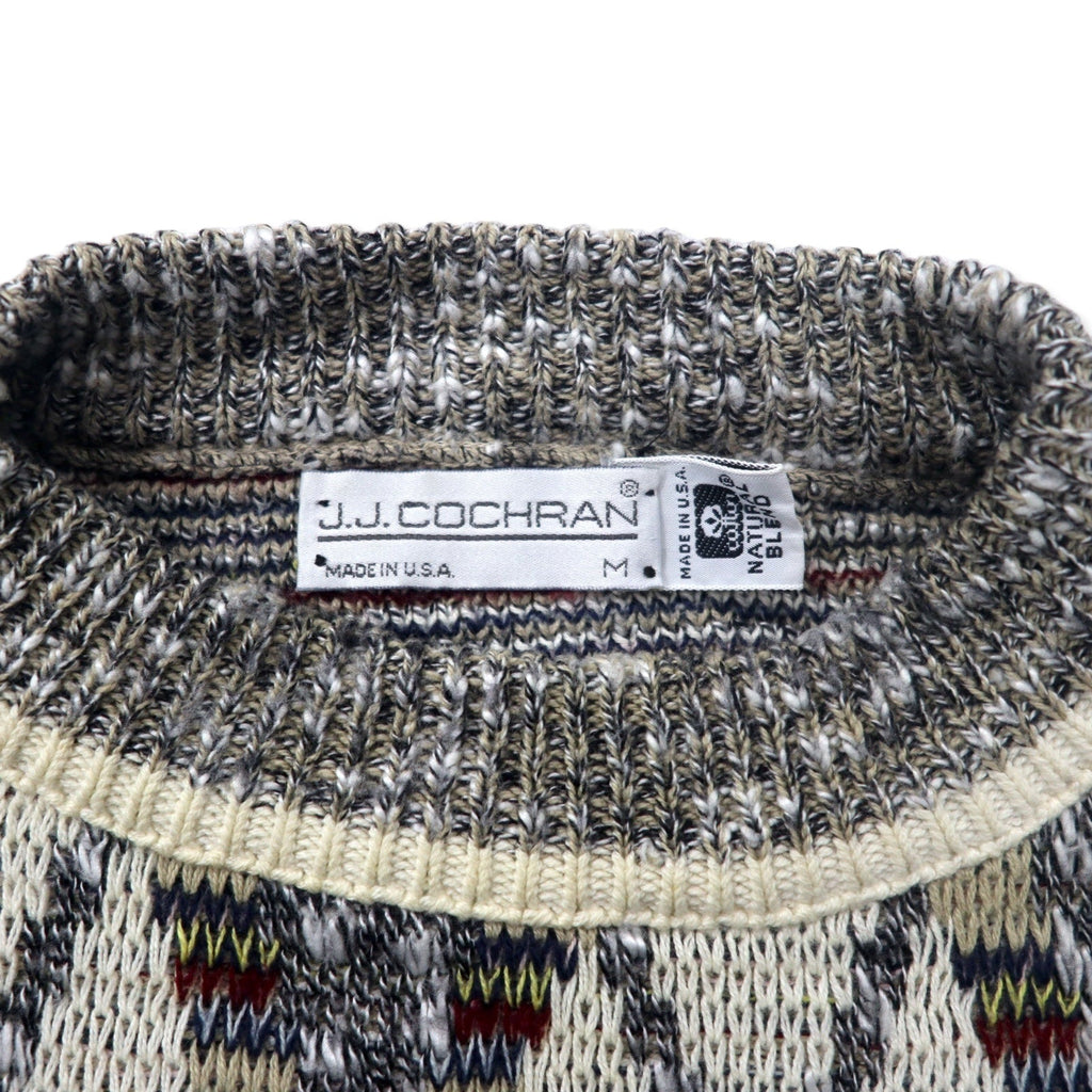 J.J.COCHRAN Made in USA anni '90 fantasia bottiglia collo maglione M bianco cotone NATURAL BLEND